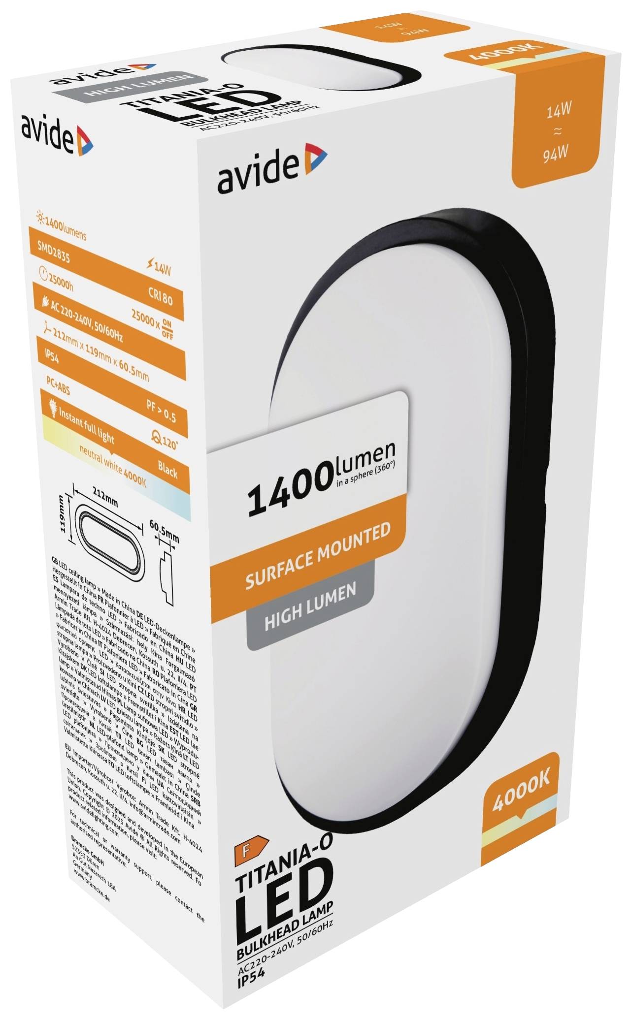 LED-svjetiljka tvrtke Avide, model Titania-O, 1400 lumena, 14W, 4000K, za montažu na zid.