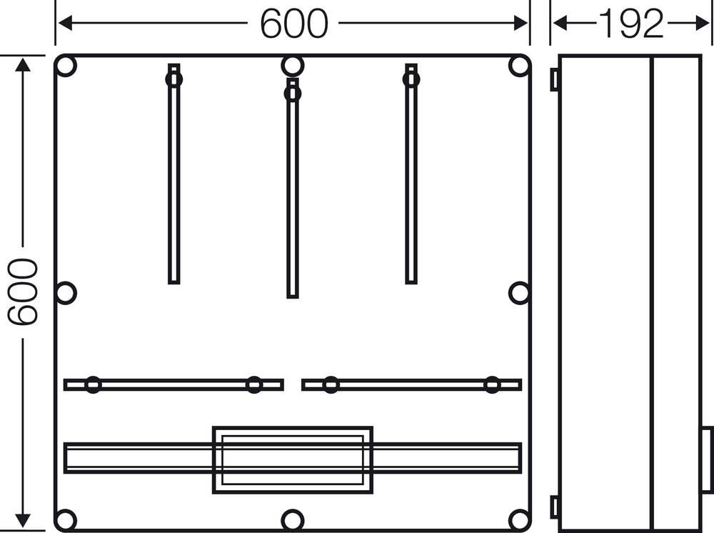 Tehnički nacrt kutije s dimenzijama: 600x600x192 mm. Prikazuje unutarnju strukturu sa šipkama i centralnim pravokutnim područjem.