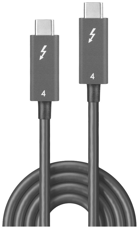 Dva Thunderbolt 4 kabela s utikačima označenim brojem '4', koji na oba utikača prikazuju simbol munje.