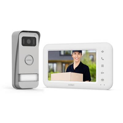 Video interfon s ekranom; prikazuje smiješnog dostavljača koji drži paket.