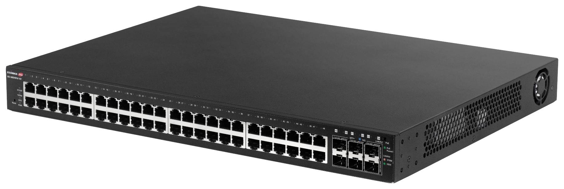 Crni mrežni switch s 48 Ethernet portova i nekoliko SFP portova na prednjoj strani. Uređaj za podatkovne komunikacije.