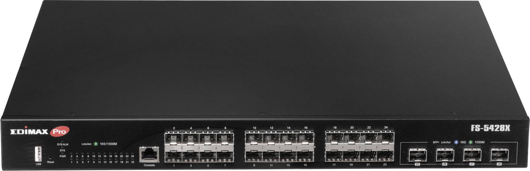 Mrežni switch s više Ethernet priključaka i kontrolnim svjetlima. Naziv modela i proizvođač vidljivi su na prednjoj strani.