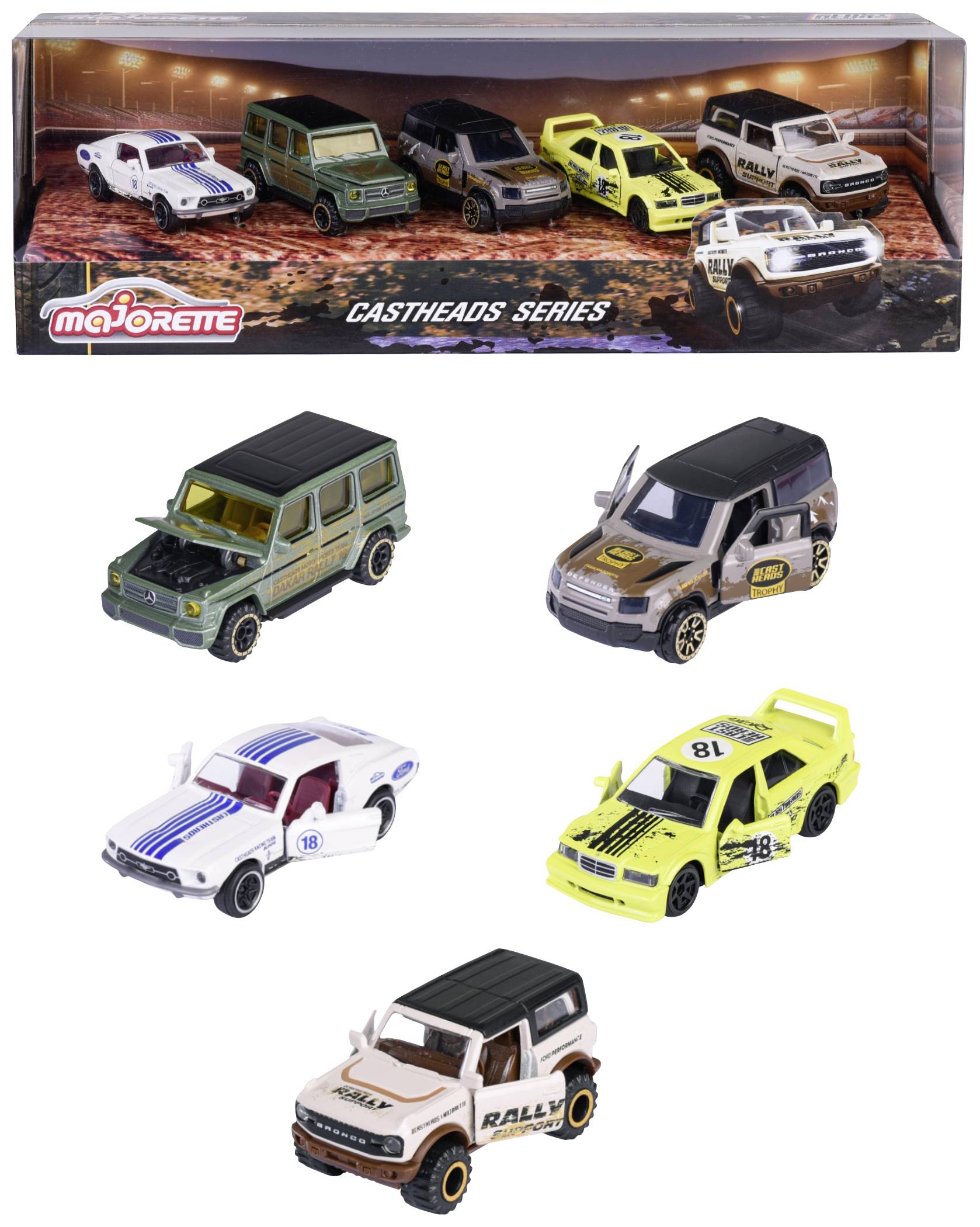 Šest modela automobila iz serije 'Castheads' na jednoj ambalaži: SUV, terenski automobil i sportski automobil, na pozadini s off-road motivom.