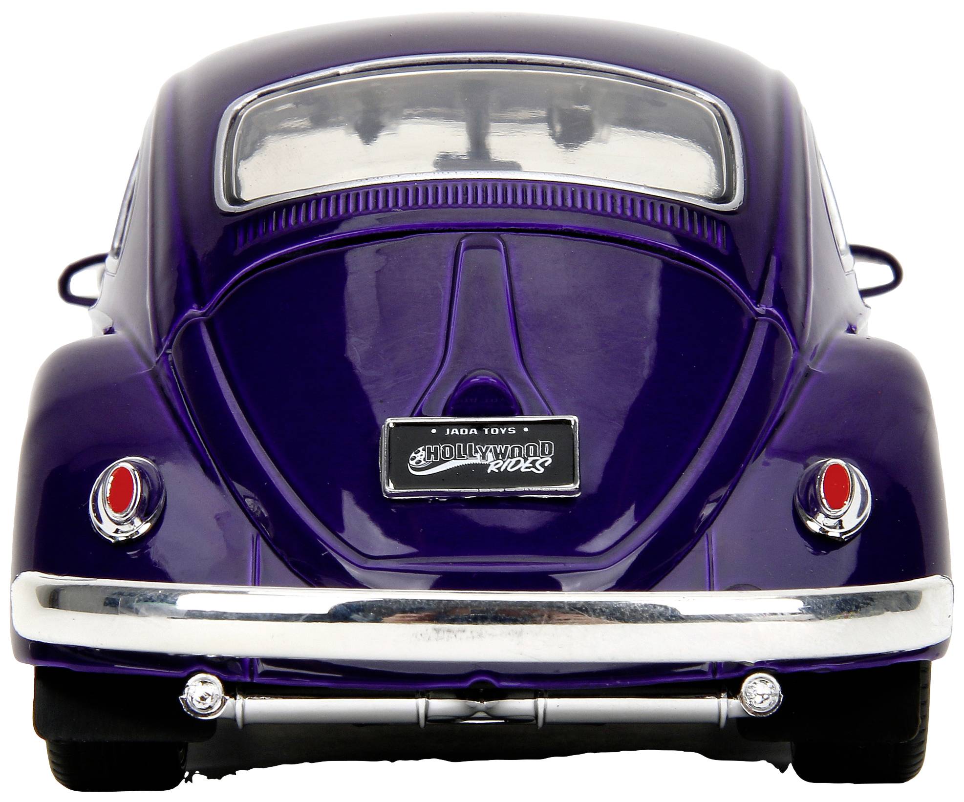 Ljubičasti model klasičnog VW Buba automobila, pogledan od straga. Tablica broj 'Hollywood Rides'. Sjajne površine i stražnja svjetla vidljiva.