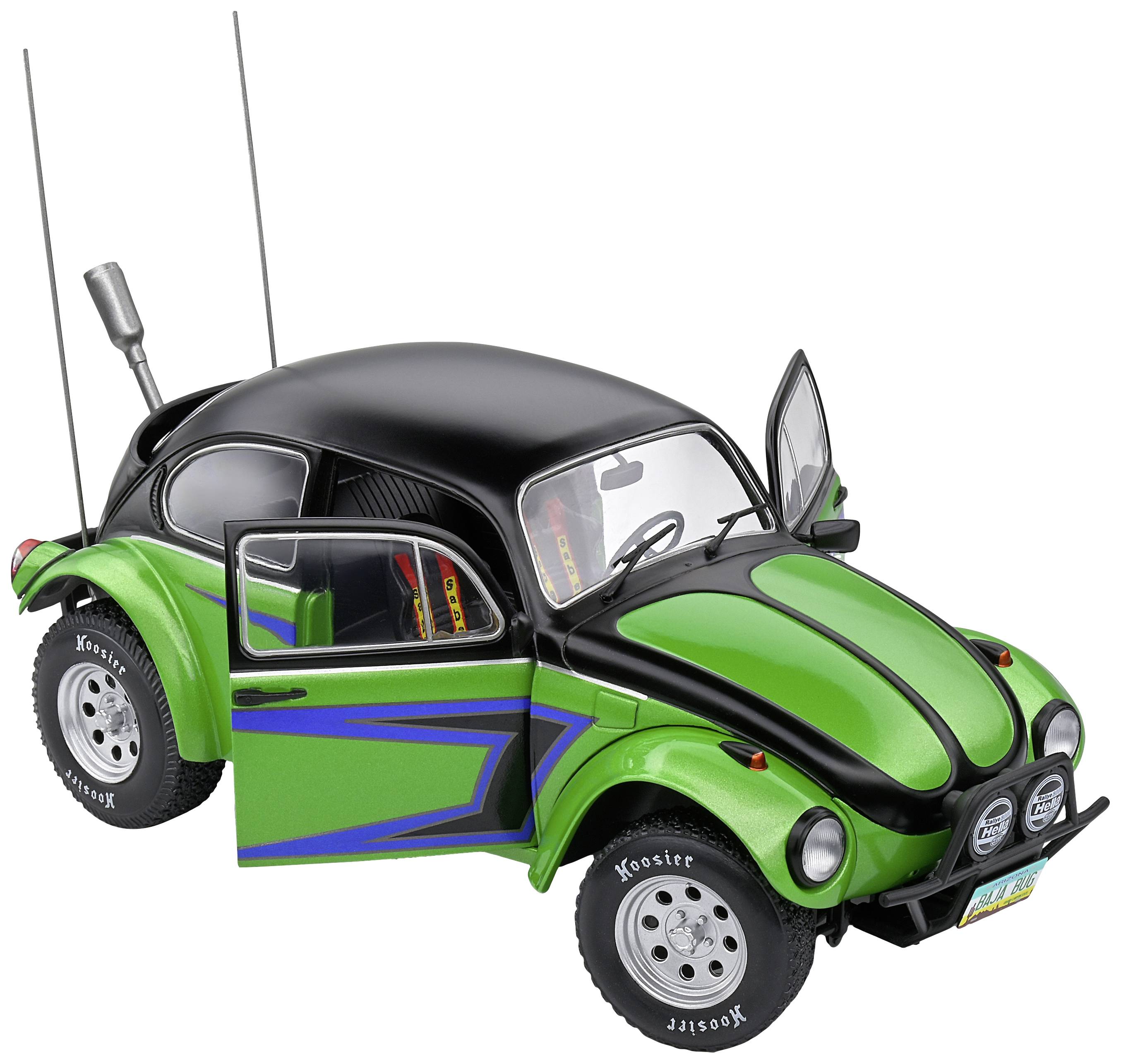 Zeleni i crni modelni automobil u stilu VW Bube s otvorenim vratima vozača i suvozača, dvije antene i terenskim gumama.