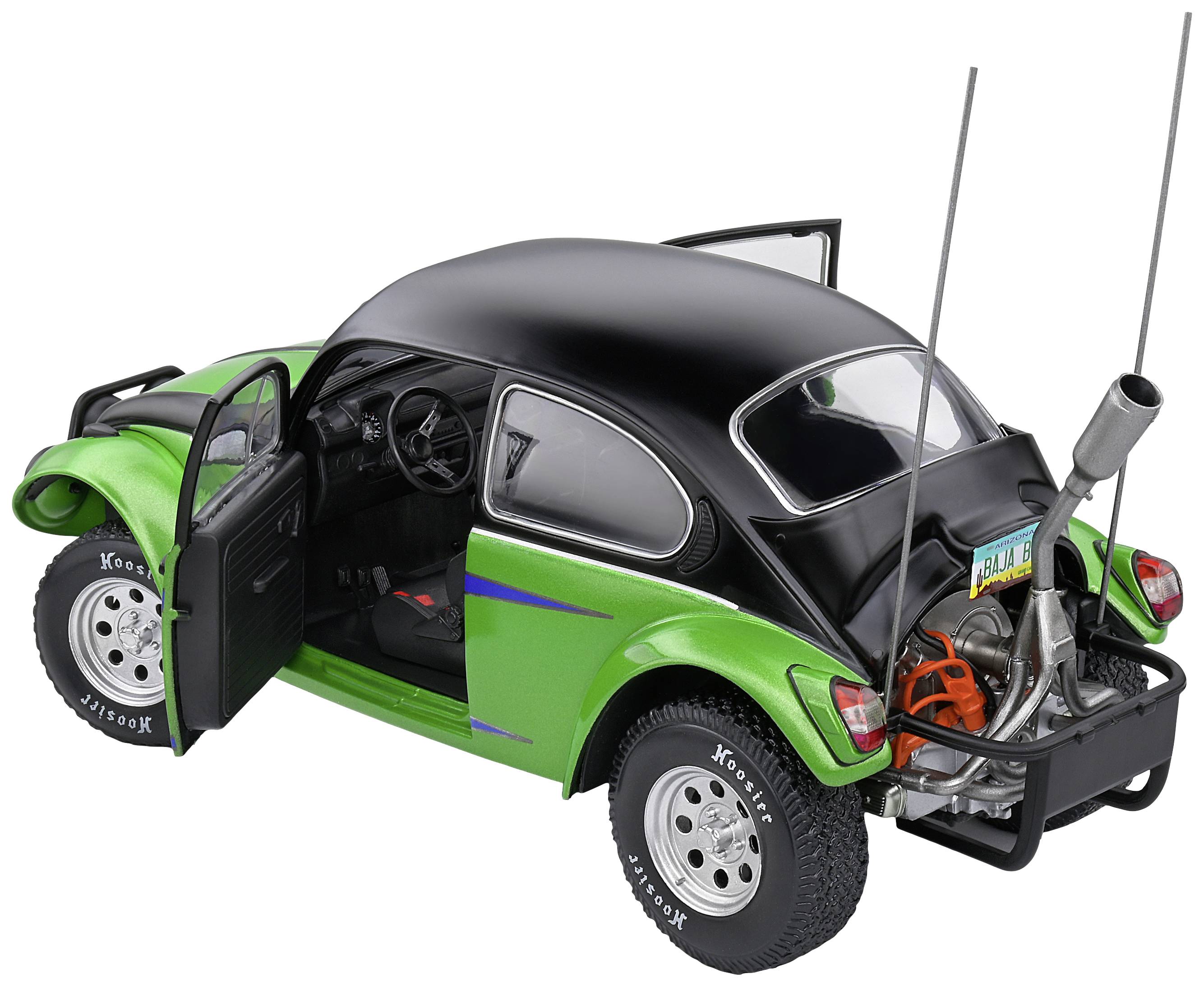 Zeleni i crni model bagi automobila s otvorenim vratima i poklopcem motora. Vidljiv motor straga s dvije antene i trkačkim gumama.
