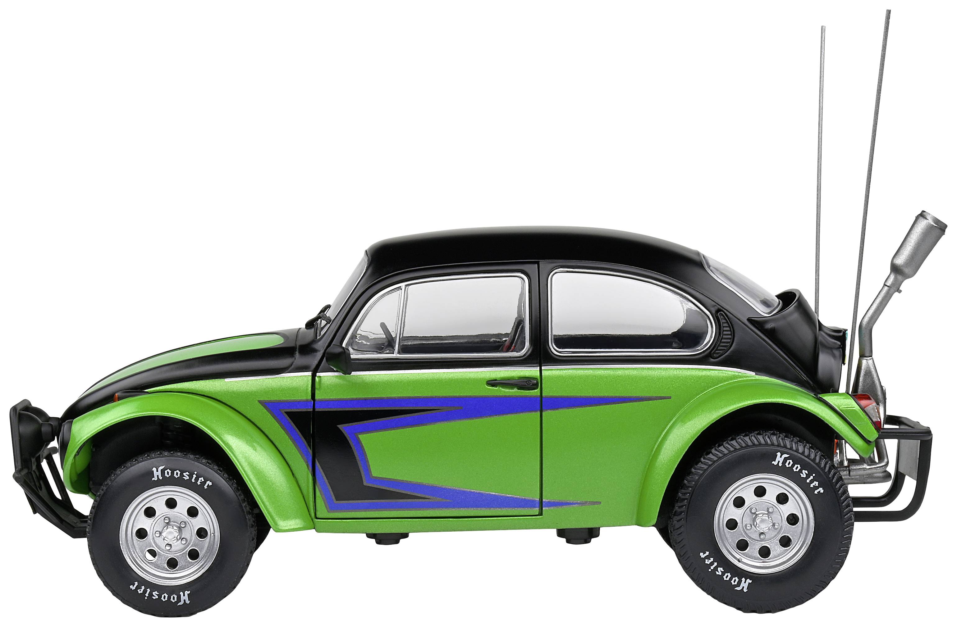 Igračka automobil u stilu klasičnog VW Bube u zeleno-crnoj boji s plavim prugama, detaljno izrađena reprodukcija za ljubitelje modela.