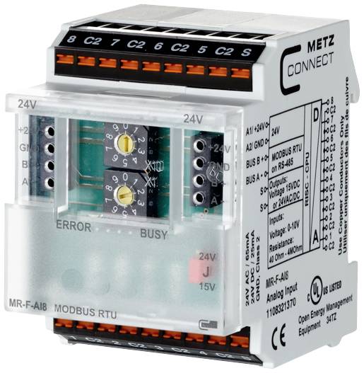 Bijeli elektronički upravljački uređaj s više priključaka i prozirnim poklopcem, označen natpisom 'Metz Connect'.