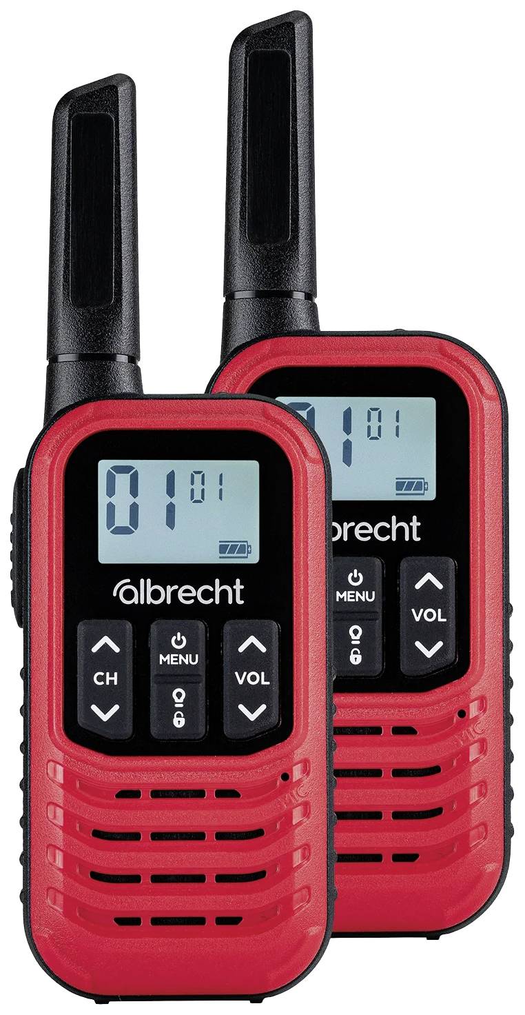 Dva crvena walkie-talkija s dobro čitljivim zaslonom i crnom antenom. Naziv marke 'Albrecht' vidljiv na vrhu uređaja.