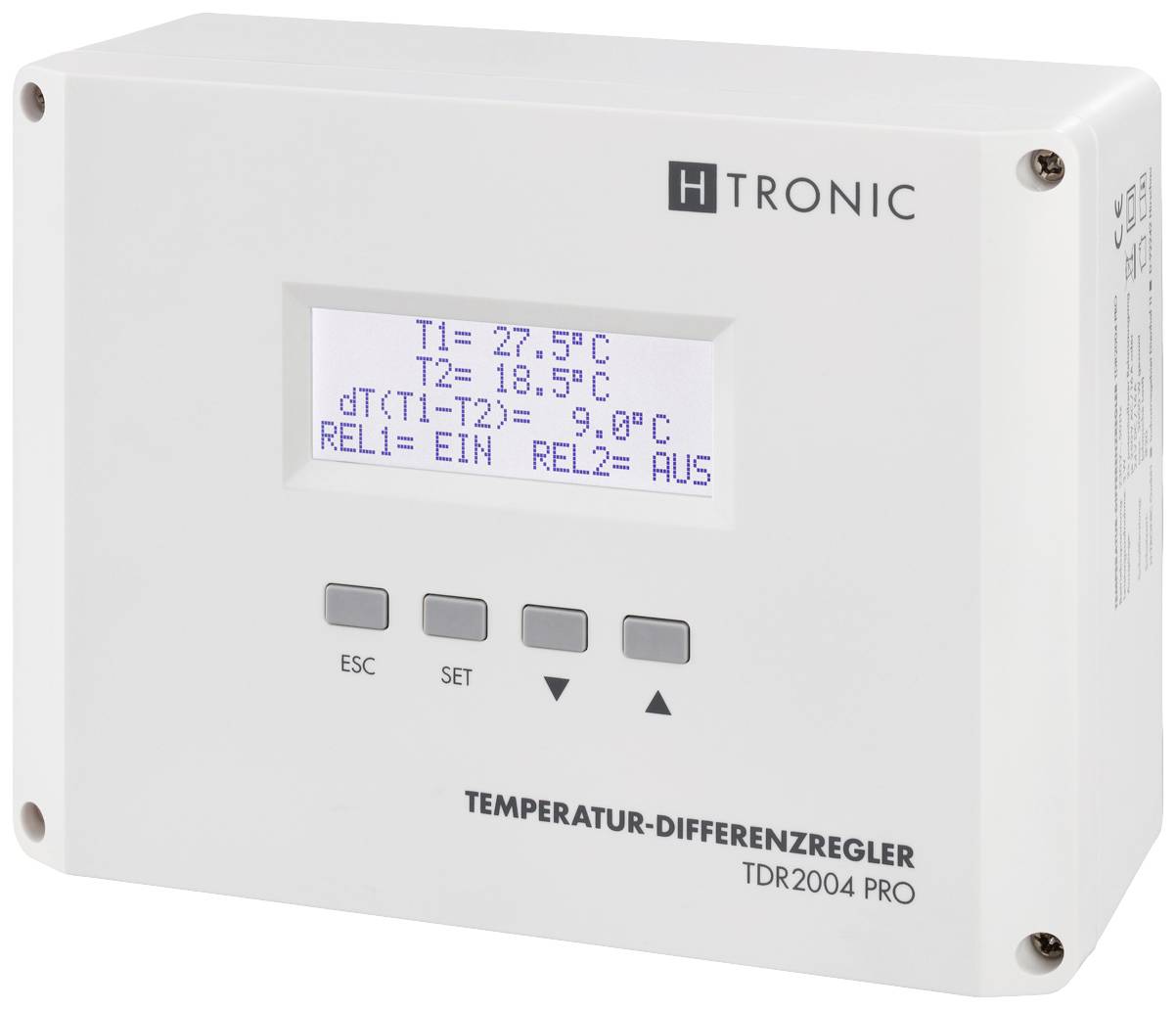 Temperaturni diferencijalni regulator s zaslonom prikazuje 'T1=27,5°C', 'T2=18,5°C', 'dT(T1-T2)=-9,0°C', 'REL1=UKLJUČENO', 'REL2=ISKLJUČENO'.