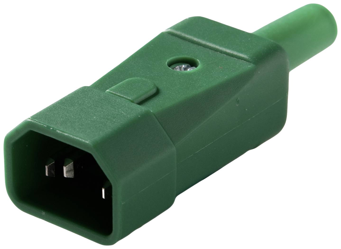 Zeleni električni utikač pravokutnog oblika s tri metalne čivije, postavljen ispred bijele pozadine.