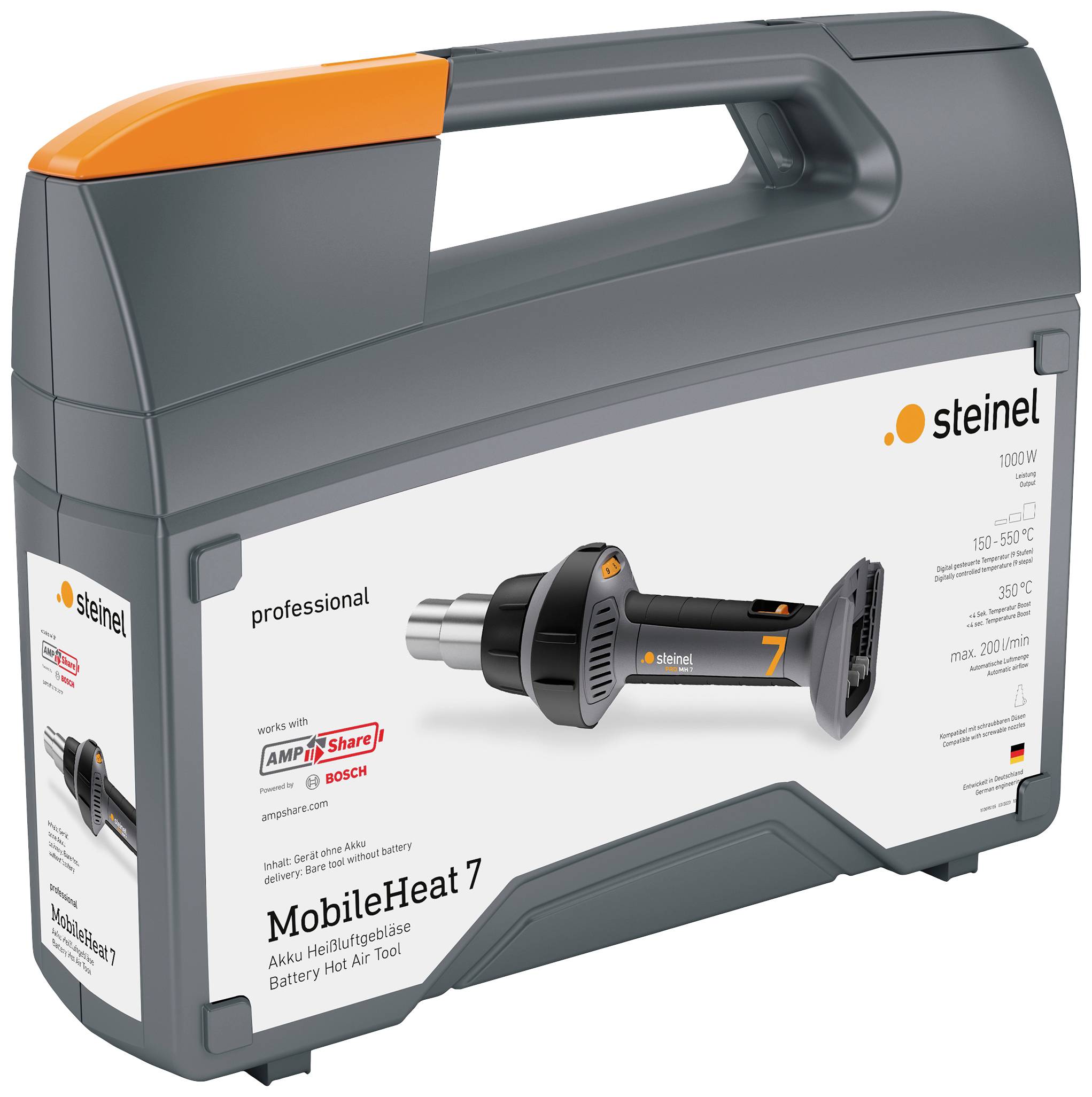 Sivi kovčeg za alat s narančastom ručkom. Naljepnica prikazuje bežični toplozračni fen 'MobileHeat 7' tvrtke Steinel.