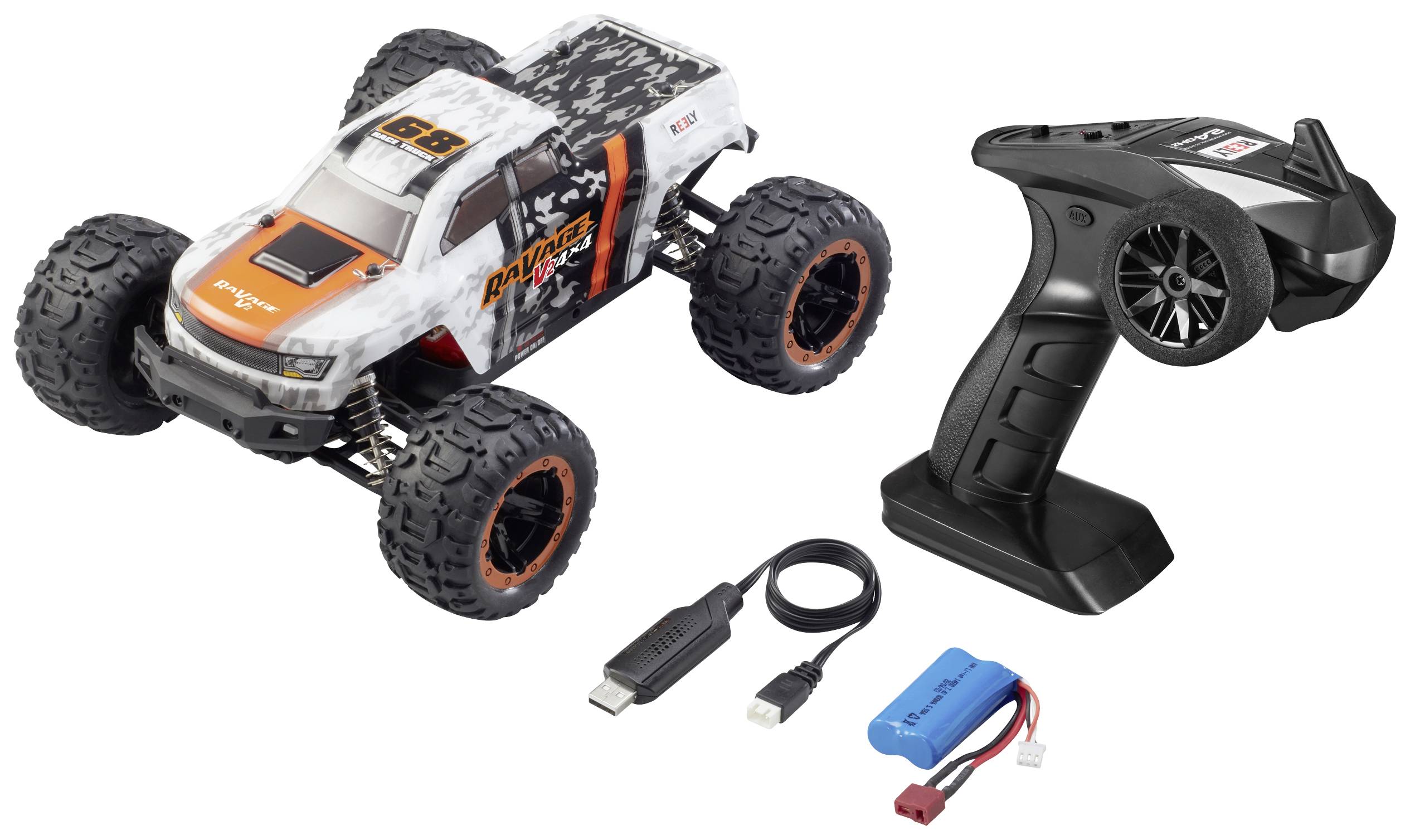 Daljinski upravljani automobil s grubim gumama, daljinskim upravljačem, USB kabelom za punjenje i setom baterija. Pogodan za off-road utrke i zabavu.