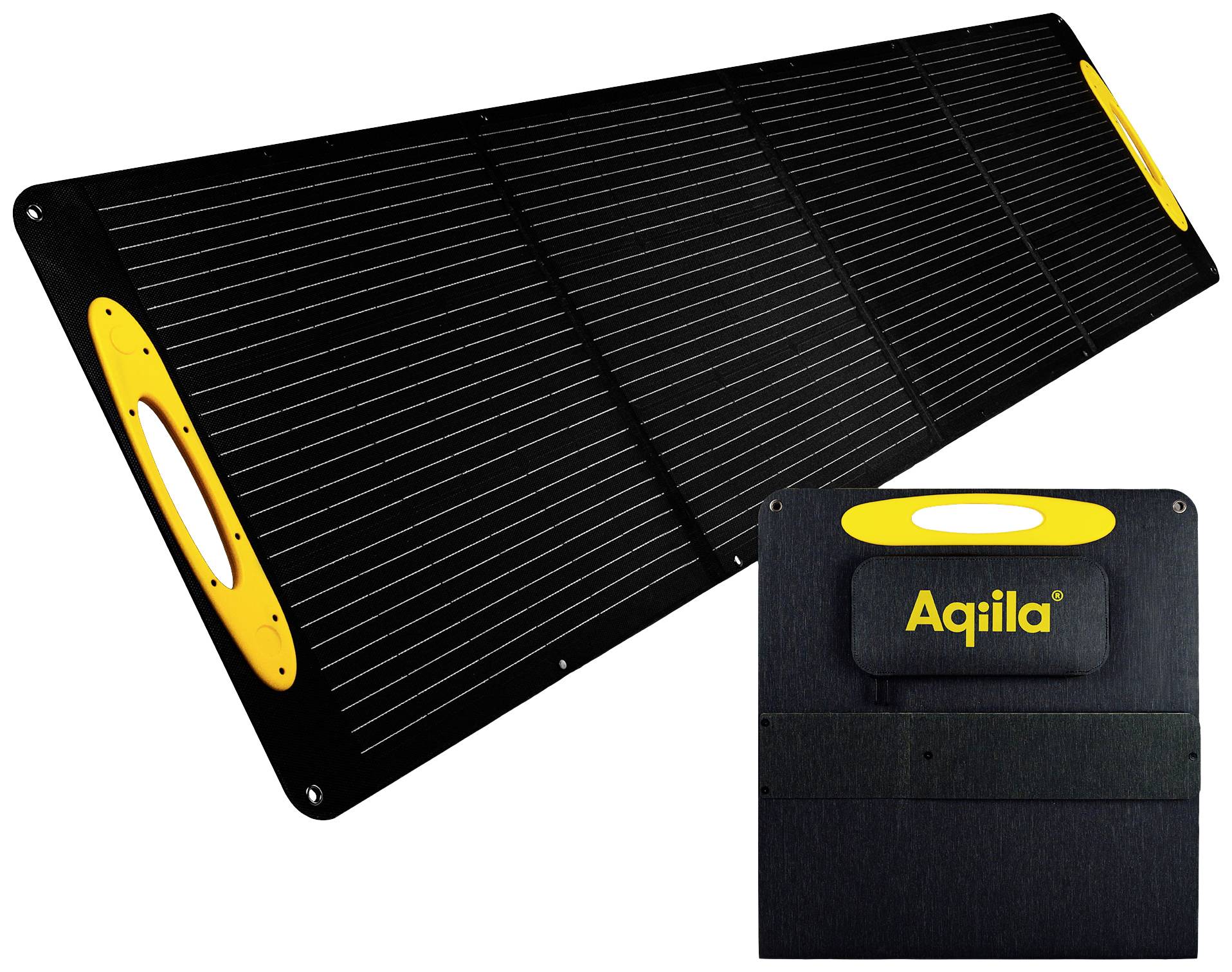 Prijenosni solarni panel s četiri rasklopive plohe, crnim površinama i žutim ručkama. Sklopljen s logotipom 'Aqila'.