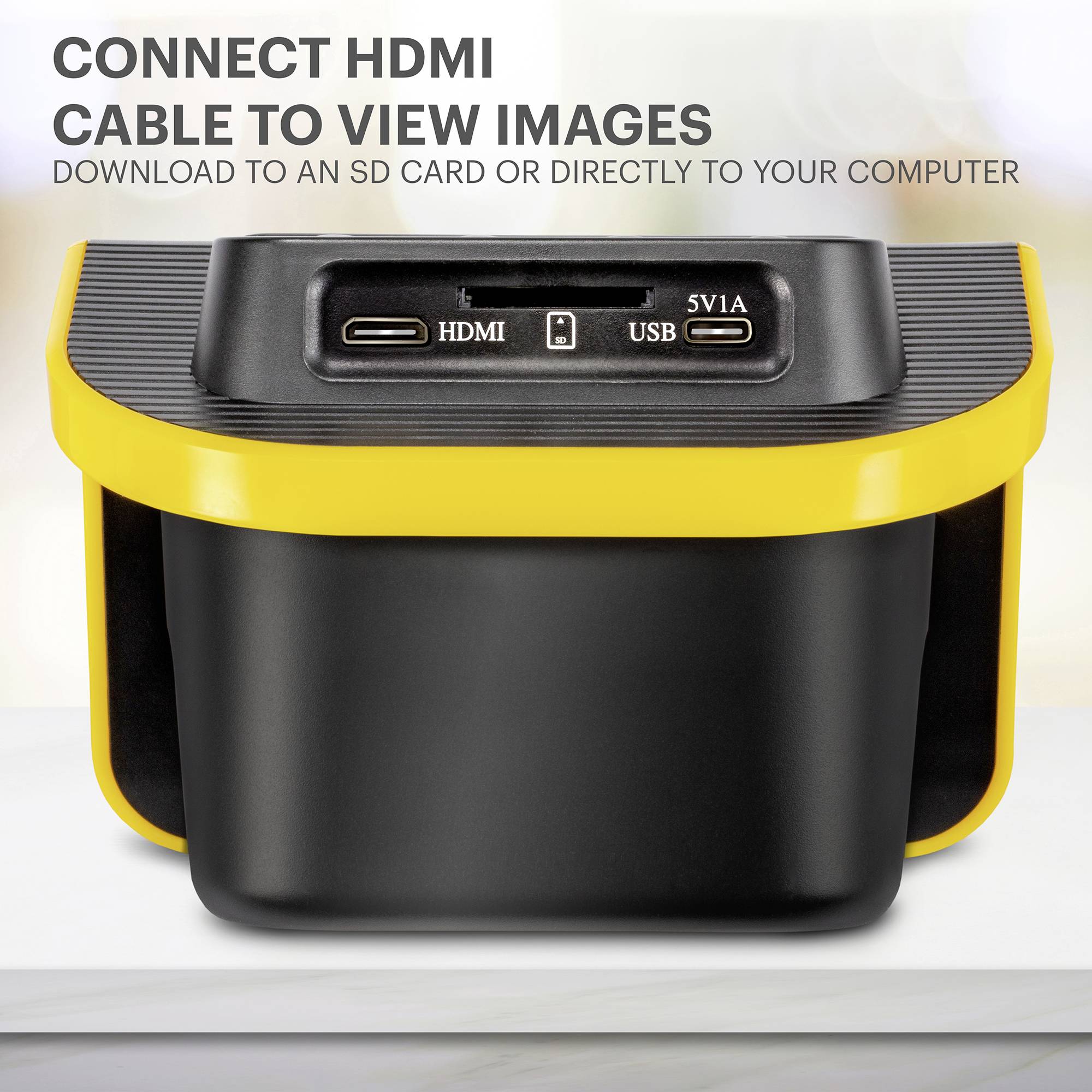 Mali crni i žuti adapter s HDMI i USB priključcima. Tekst gore: 'POVEŽITE HDMI KABEL ZA PRIKAZ SLIKA'.