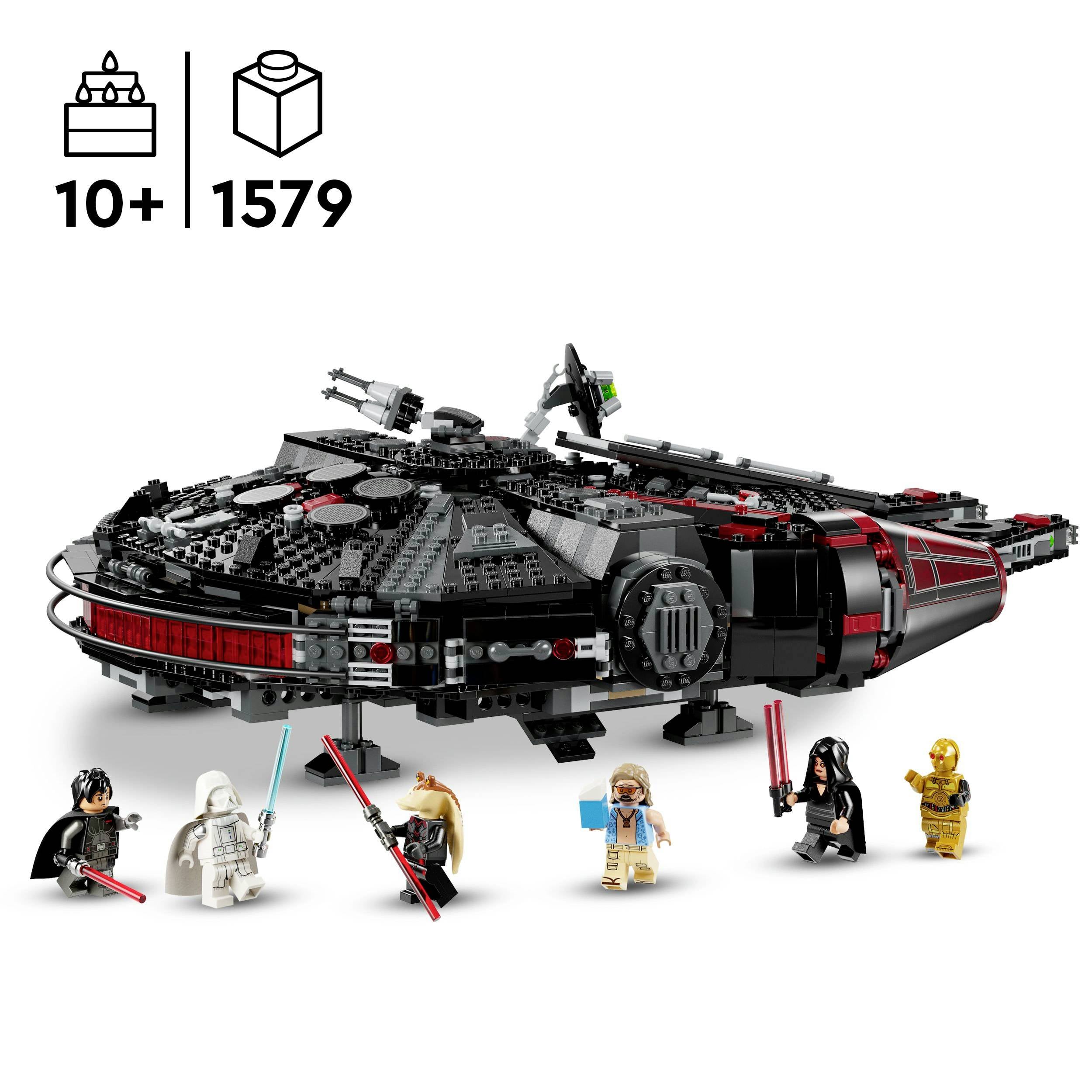 LEGO set mračne verzije svemirskog broda s figurama, pogodan za dob 10+, sastoji se od 1579 dijelova. Uključuje heroje i negativce s oružjem.