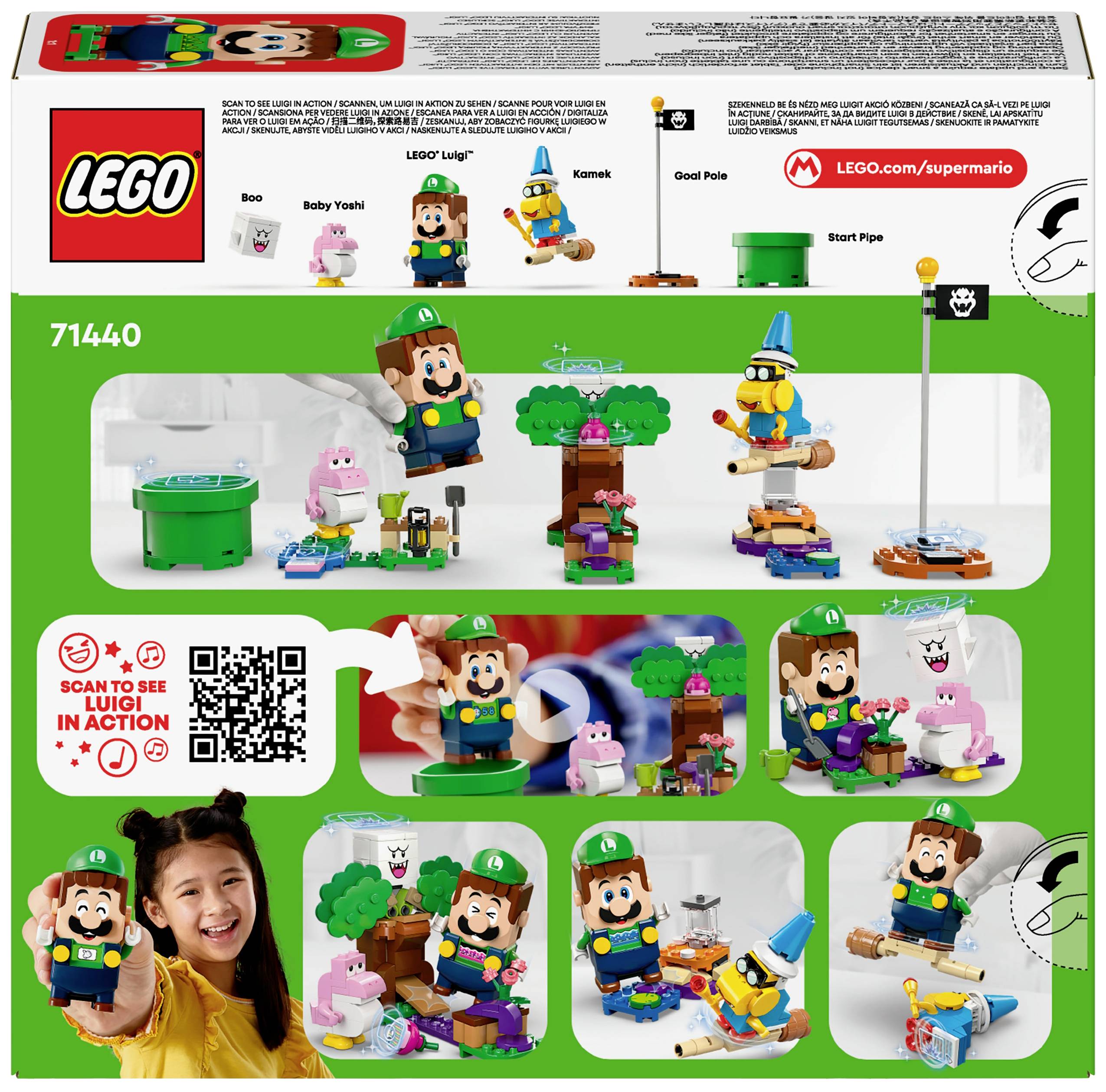 Lego Super Mario Set 71440: Sadrži igračke figure Luigija, Baby Yoshija i Kameka s interaktivnim funkcijama. Kutija prikazuje scenu igre.