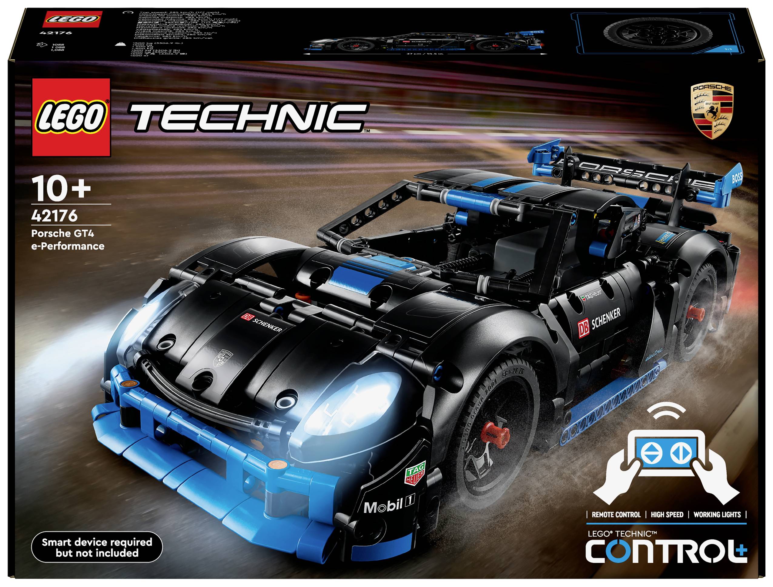 LEGO Technic komplet za sastavljanje Porsche 911 GT3 trkaćeg automobila u crnoj i plavoj boji, s opcijom daljinskog upravljanja, pogodan za djecu od 10 godina.
