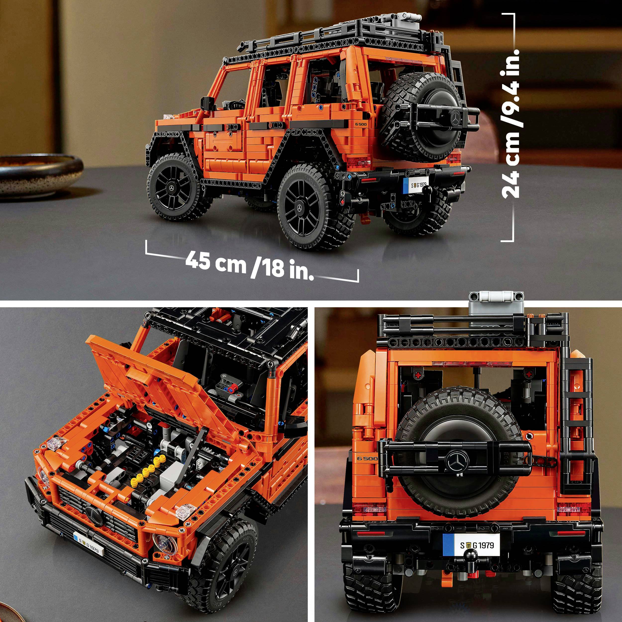Nanarančasti, detaljni LEGO model terenskog vozila, dug 45 cm i visok 24 cm, s otvorenom haukom motora i uklonjivim rezervnim kotačem.