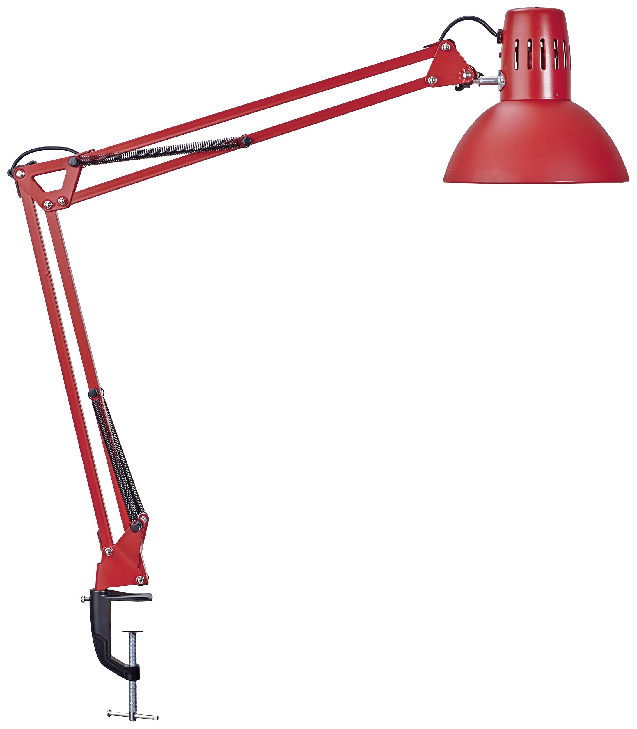 Crvena stolna lampa s fleksibilnom rukom i stezaljkom za stol; pogodna za podesivo osvjetljenje tijekom rada ili čitanja.