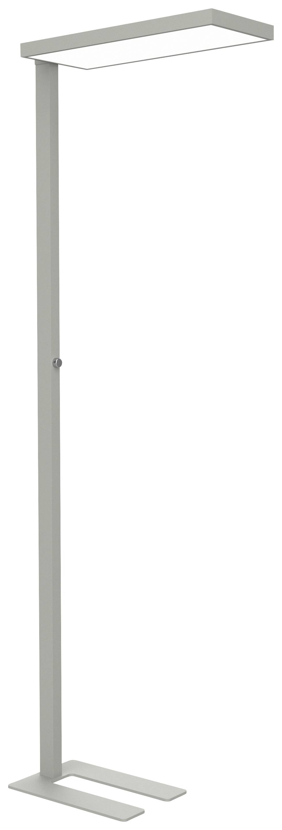 Stojeća siva LED lampa s pravokutnom svjetlosnom glavom na vitkom postolju, pogodna za moderan uredski ili stambeni prostor.