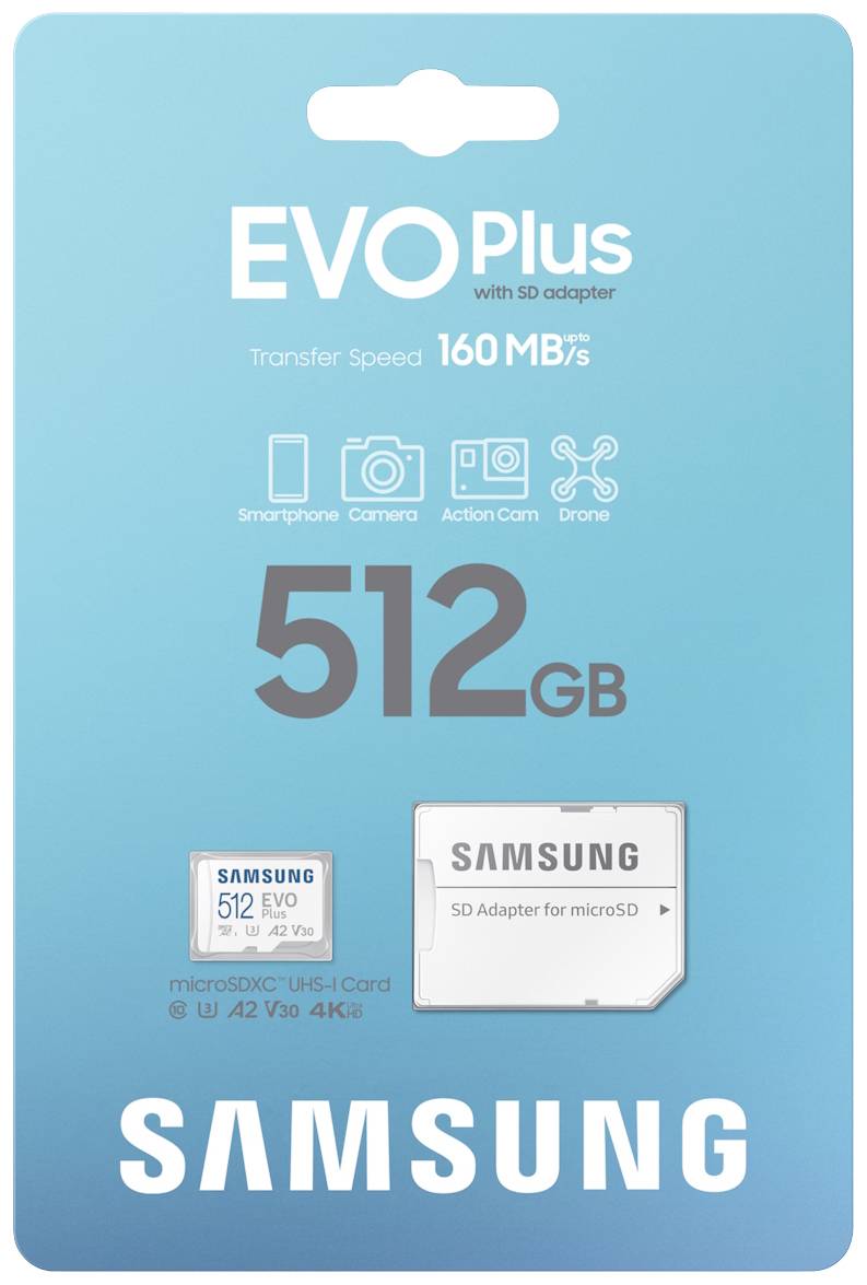 'Samsung EVO Plus 512 GB microSD kartica s SD adapterom, brzina prijenosa 160 MB/s, pogodan za pametni telefon, fotoaparat, dron.'