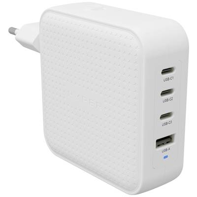 Bijeli USB punjač sa četiri priključka, uključujući tri USB-C i jedan USB-A priključak, pogodan za punjenje nekoliko uređaja.