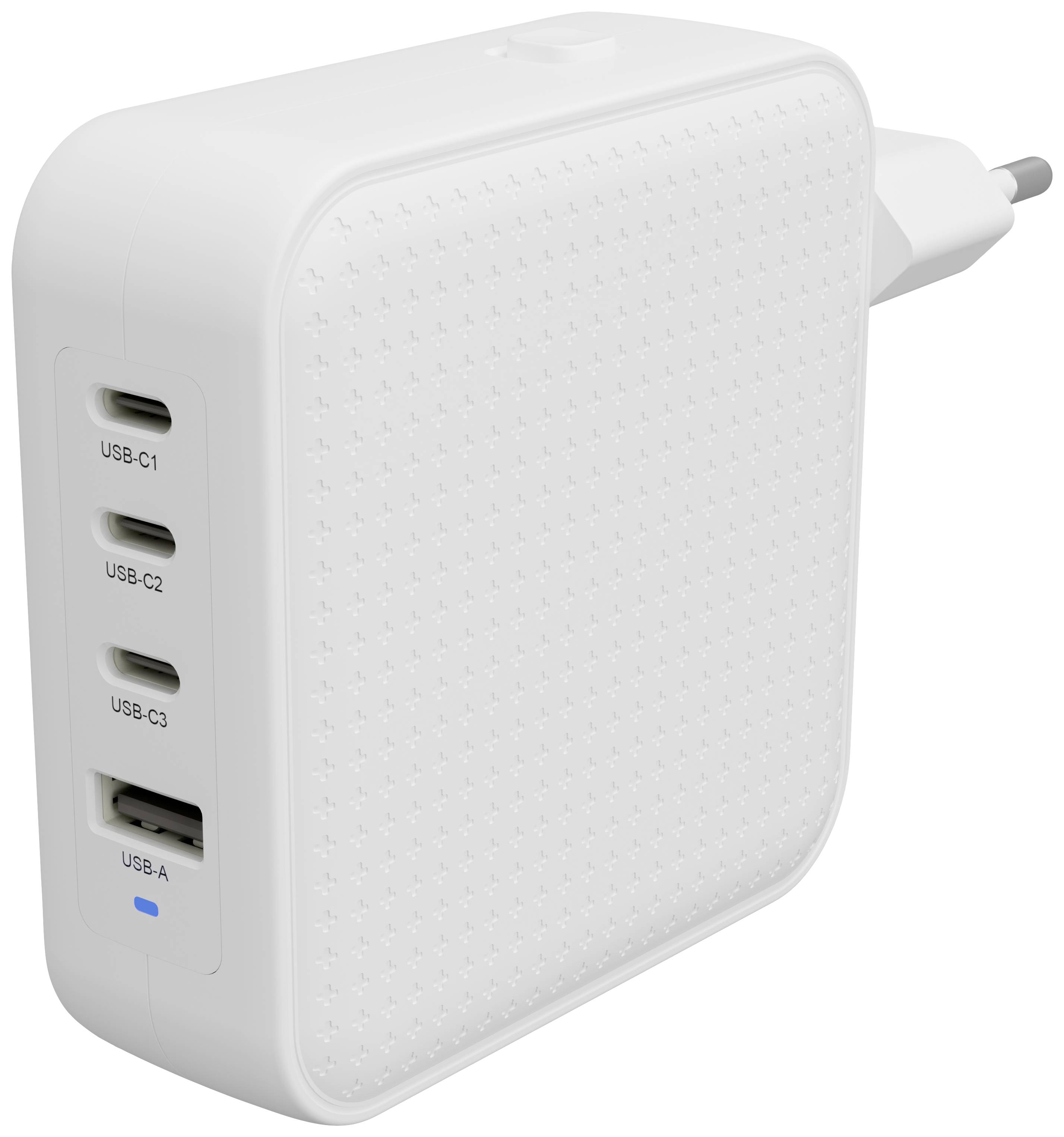 Bijeli USB punjač sa četiri priključka: tri USB-C porta i jedan USB-A port.