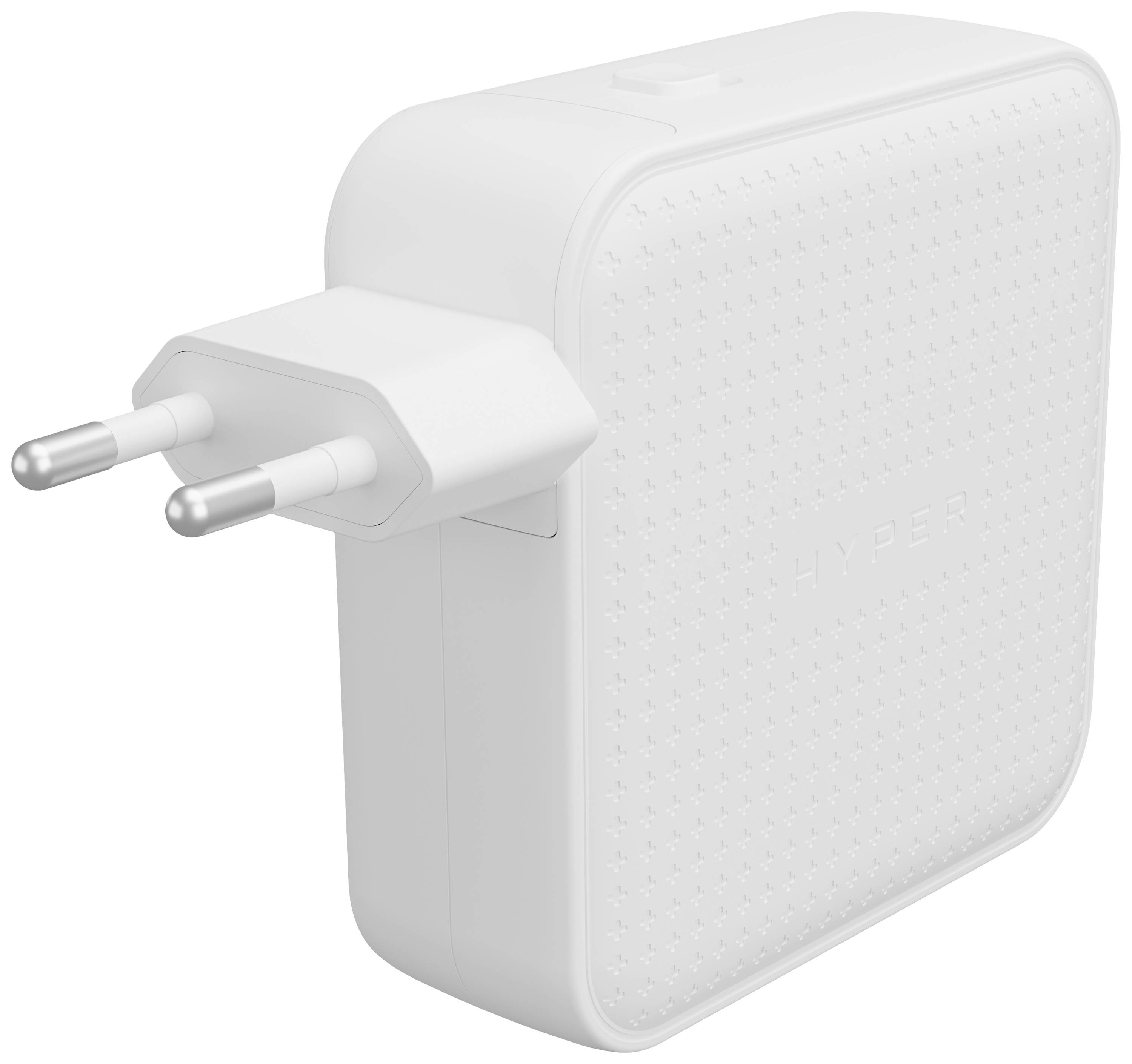 Bijeli, kvadratni USB punjač s dva okrugla utikača. Naziv marke jedva je vidljiv na prednjoj strani.