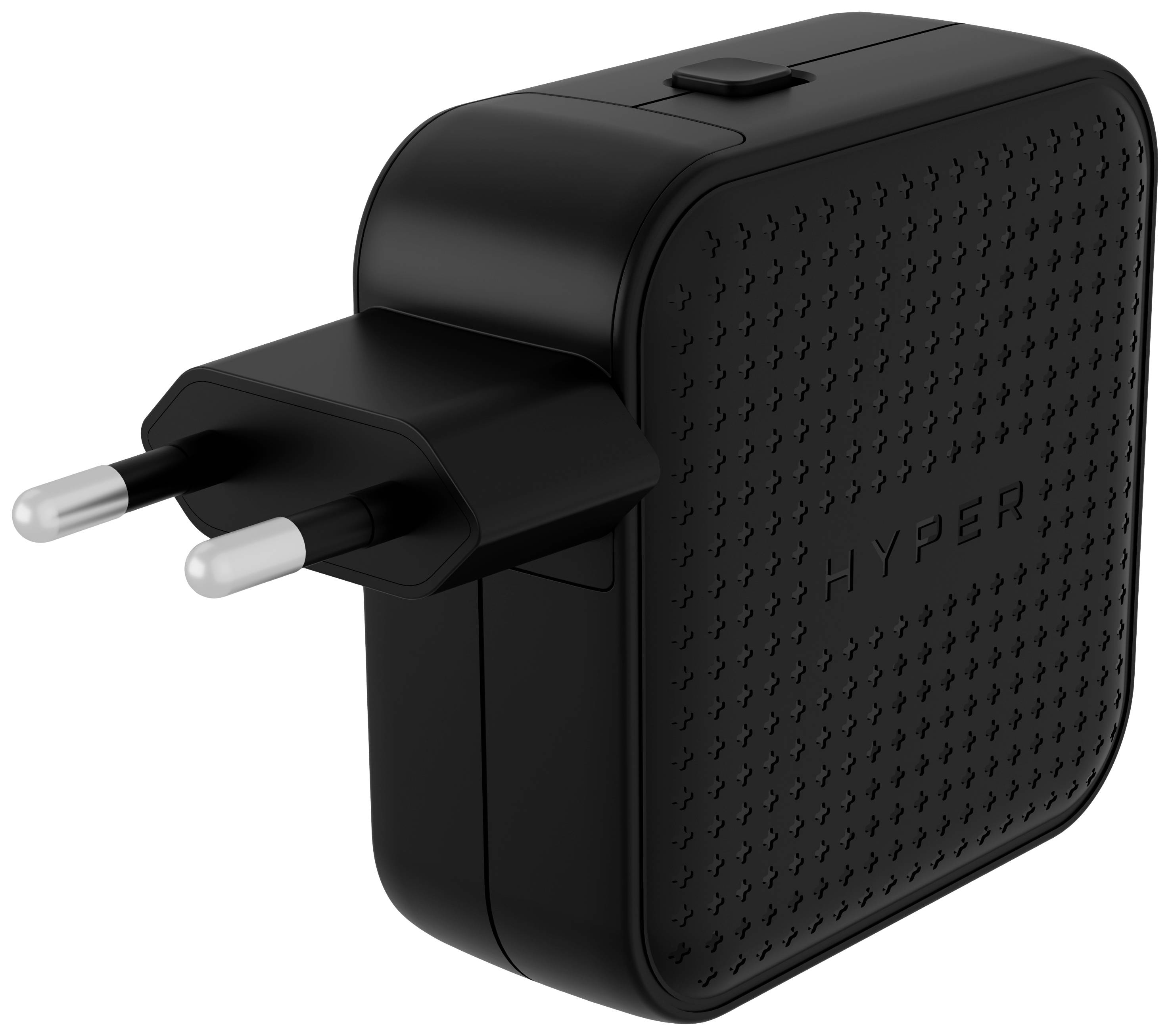 Crni, četvrtasti USB punjač s europskim utikačem, strukturiranog kućišta i natpisa 'HYPER'.