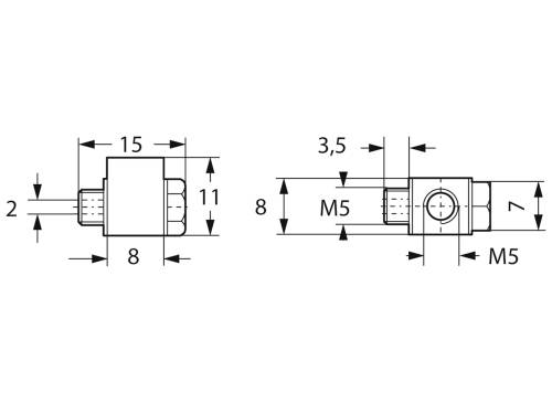 Tehnički nacrt elementа učvršćivanja s dimenzijama: 15 mm, 11 mm, 8 mm, 3,5 mm, 7 mm, i M5 navojima.