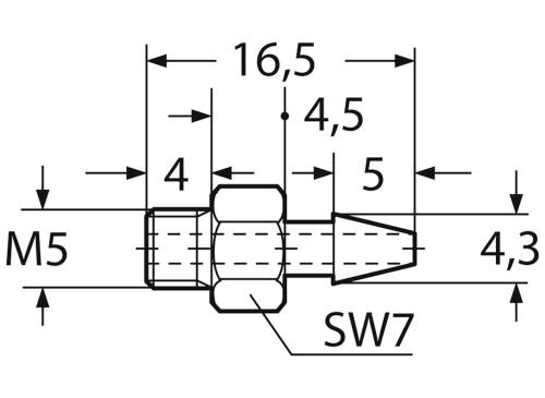 Tehnički nacrt adaptera s dimenzijama: duljina 16,5 mm, promjer 4,5 mm; navoj M5, širina ključa SW7.