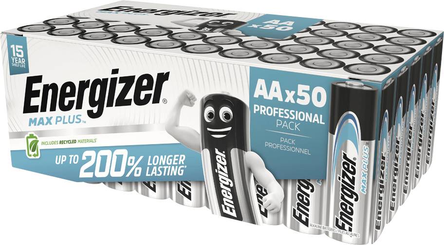 Energizer paket od 50 AA baterija, natpis: '200% dugotrajnije'. Sadrži simbol recikliranih materijala.