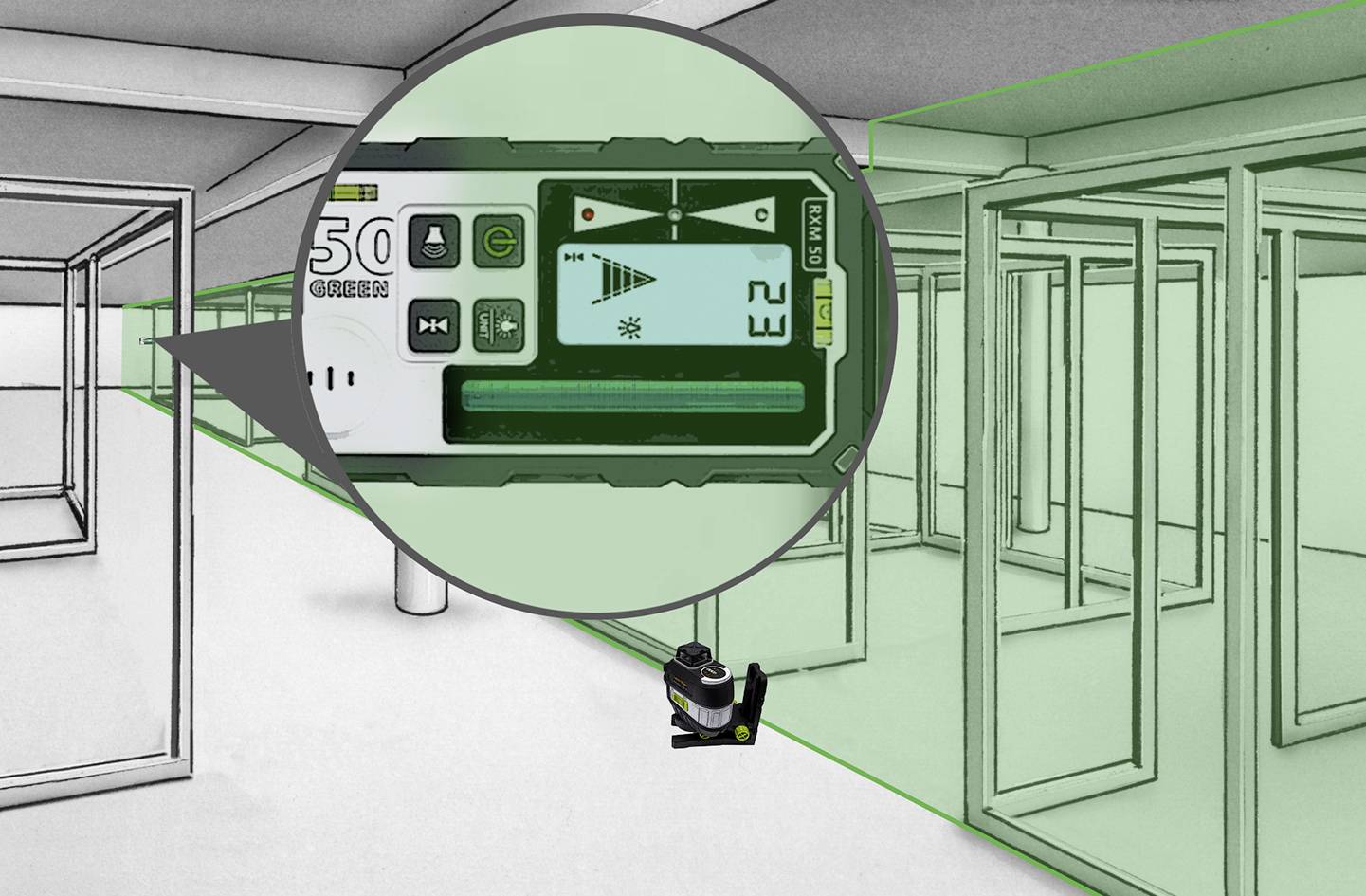 Uređaj za lasersko mjerenje prikazuje 'E3' u trodimenzionalnom prostornom rasporedu. Zumiranje ističe zaslon s podacima o smjeru i udaljenosti.