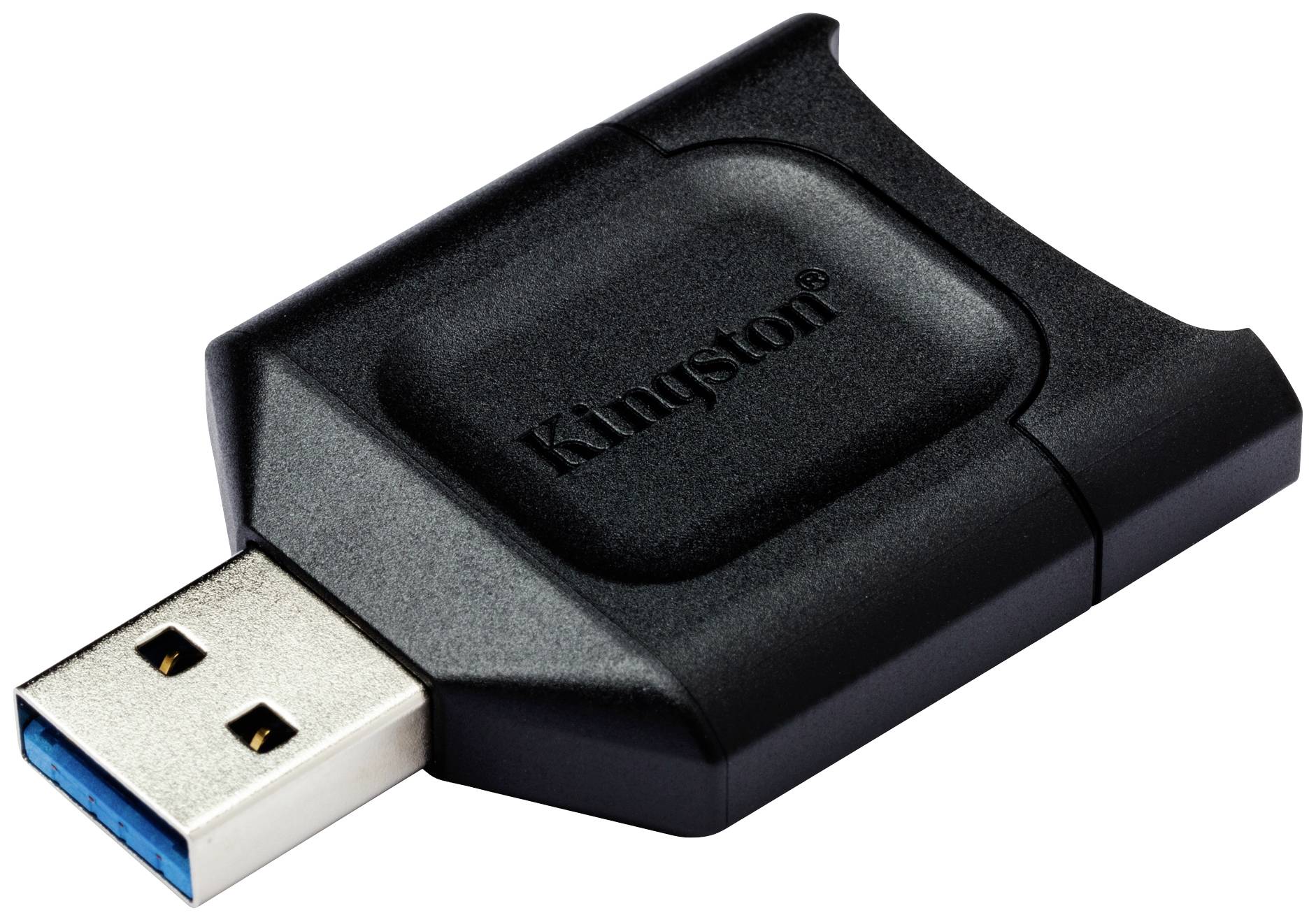 Crni USB adapter Kingston-a s plavim priključkom, korišten za povezivanje i proširenje uređaja.