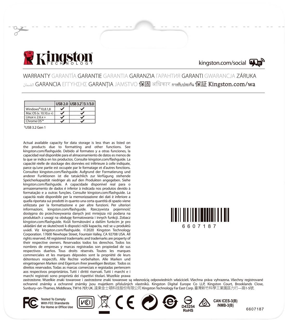 Kingston USB memorijski stick, ambalaža s informacijama o jamstvu na više jezika, tehničkim specifikacijama za USB 3.2 Gen 1, CE i FCC simbolima.