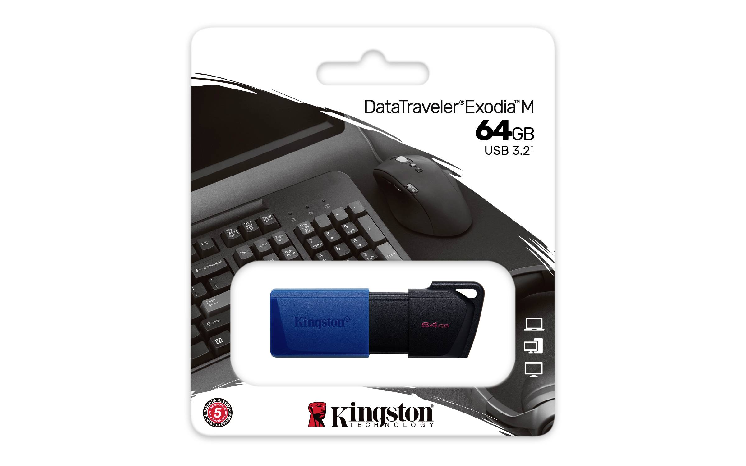 USB stick 'DataTraveler Exodia M 64GB' tvrtke Kingston prikazan na pakiranju pored tipkovnice i miša.