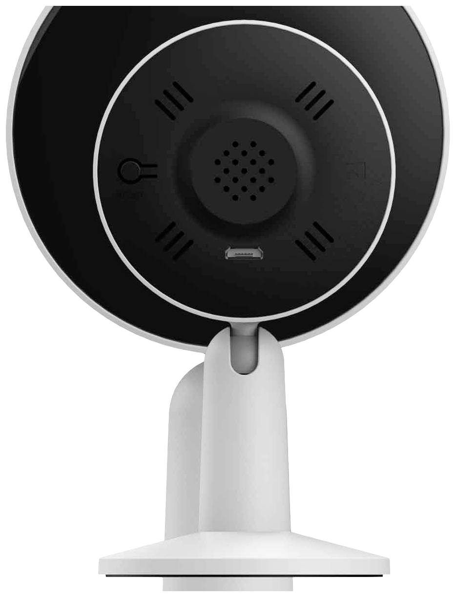 Crna web kamera prikazuje svoju stražnju stranu sa stalkom. Ima otvore za ventilaciju i USB priključak u sredini.