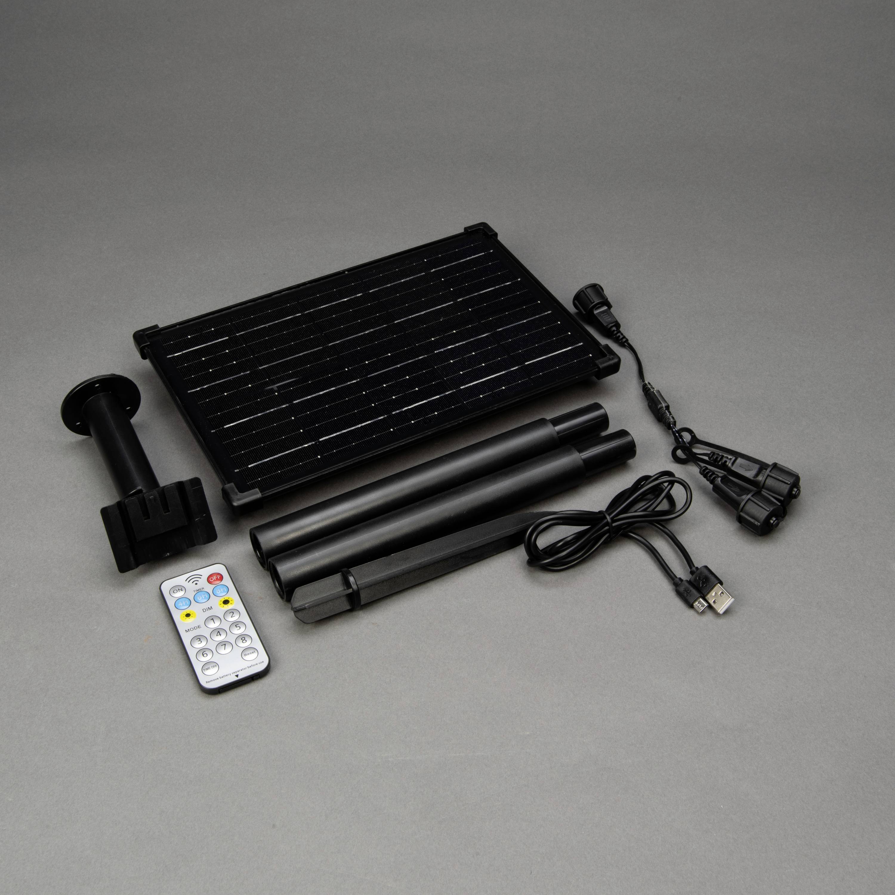 Solarni modul-komplet s panelom, nosačem, dvije šipke, daljinskim upravljačem i kabelima. Pogodan za jednostavne solarne primjene na otvorenom.