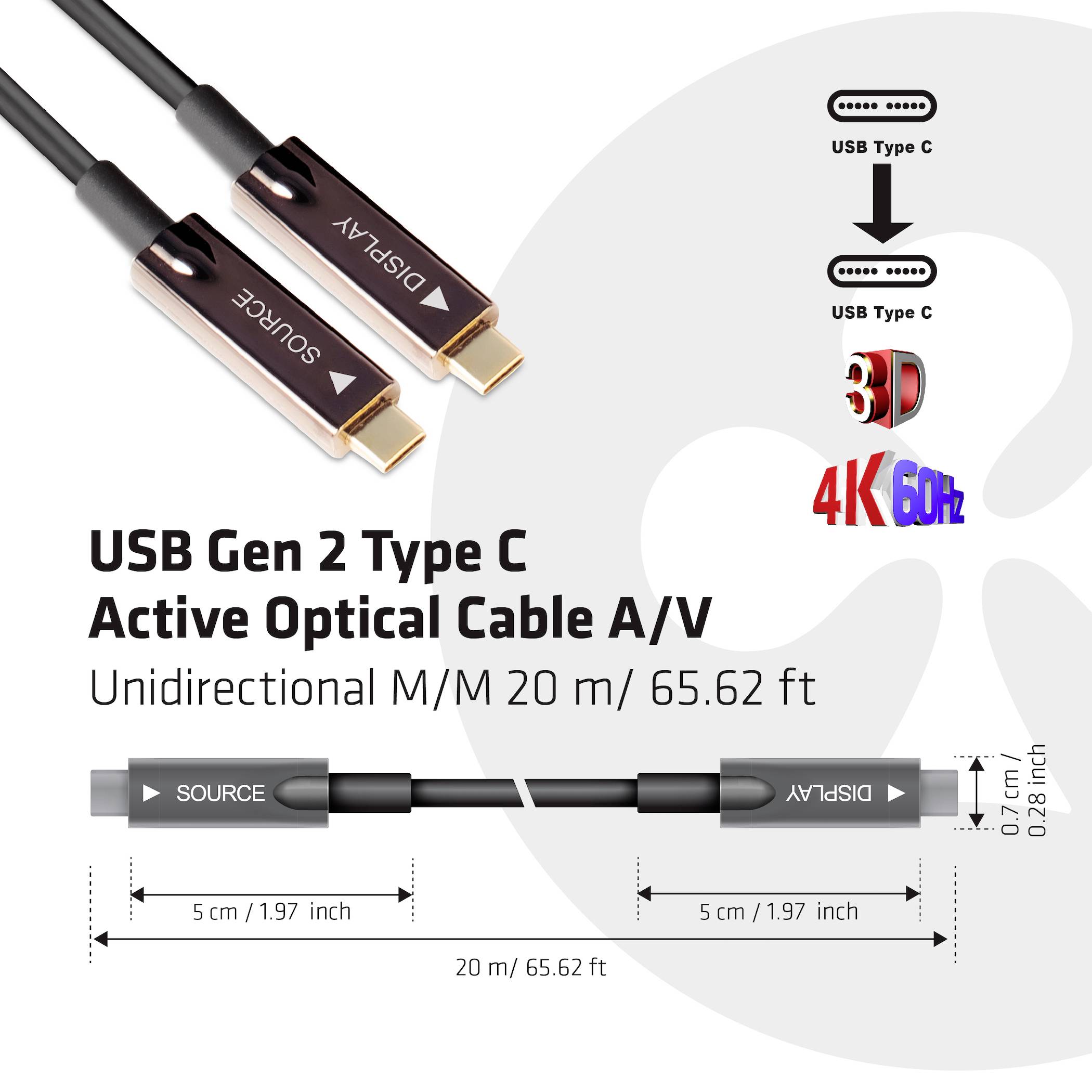 Aktivni optički USB Gen 2 Tip C kabel, duljine 20 m, podržava 4K pri 60 Hz, dvosmjeran, kompatibilan s 3D i USB Tip C standardom.