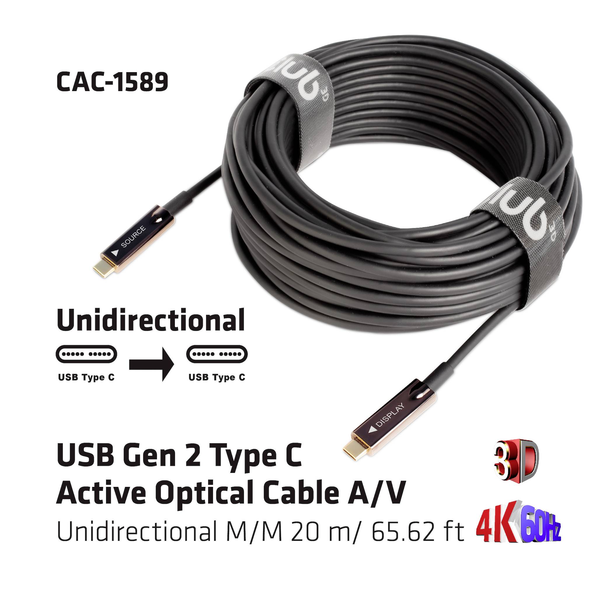 'CAC-1589 USB Gen 2 Tip C aktivni optički kabel, unidirekcijski M/M 20m/65,62ft, za A/V, 4K pri 60Hz, 3D. Sadrži kabel s Tip C utikačem.'