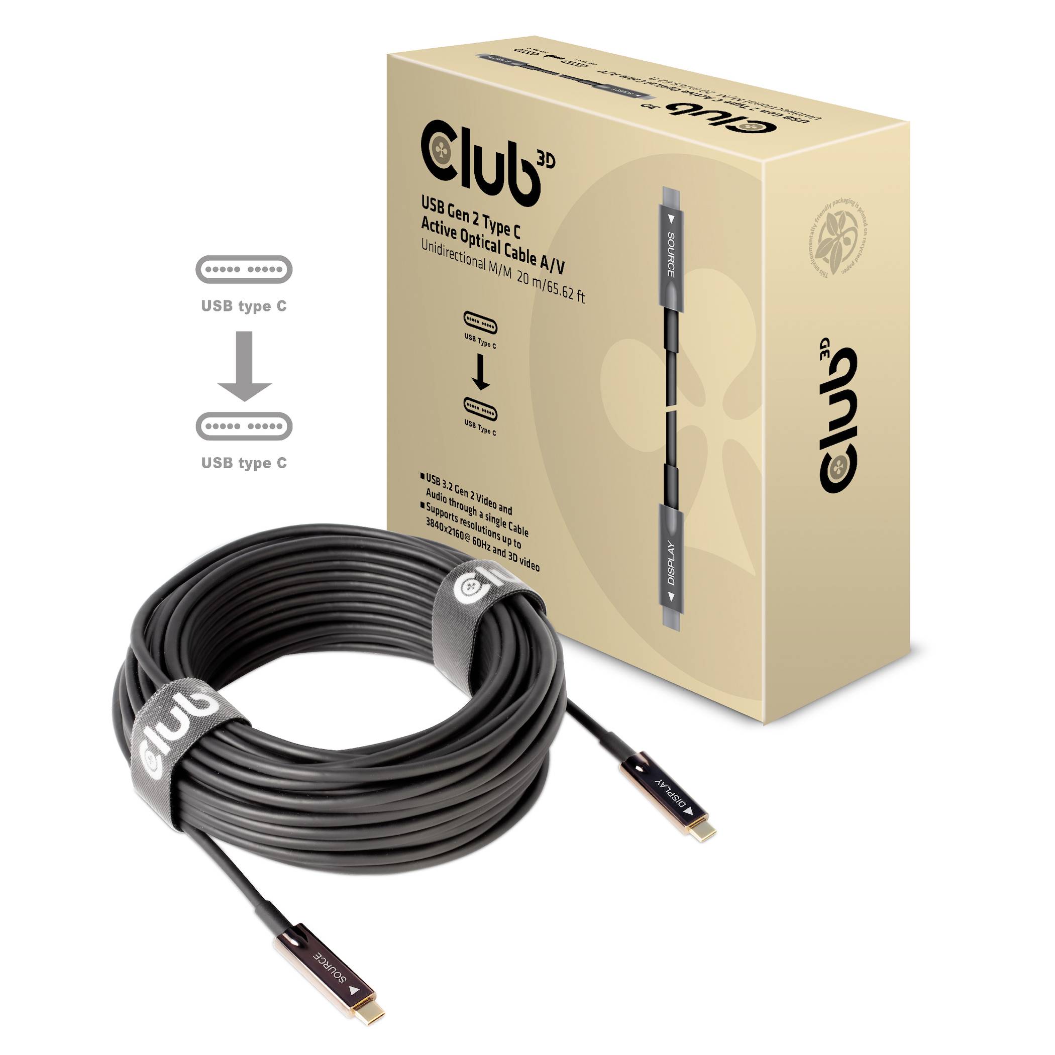 USB Gen 2 Tip-C kabel s optičkim prijenosom podataka, dug 20 m, pored bež pakiranja koje prikazuje detalje proizvoda.