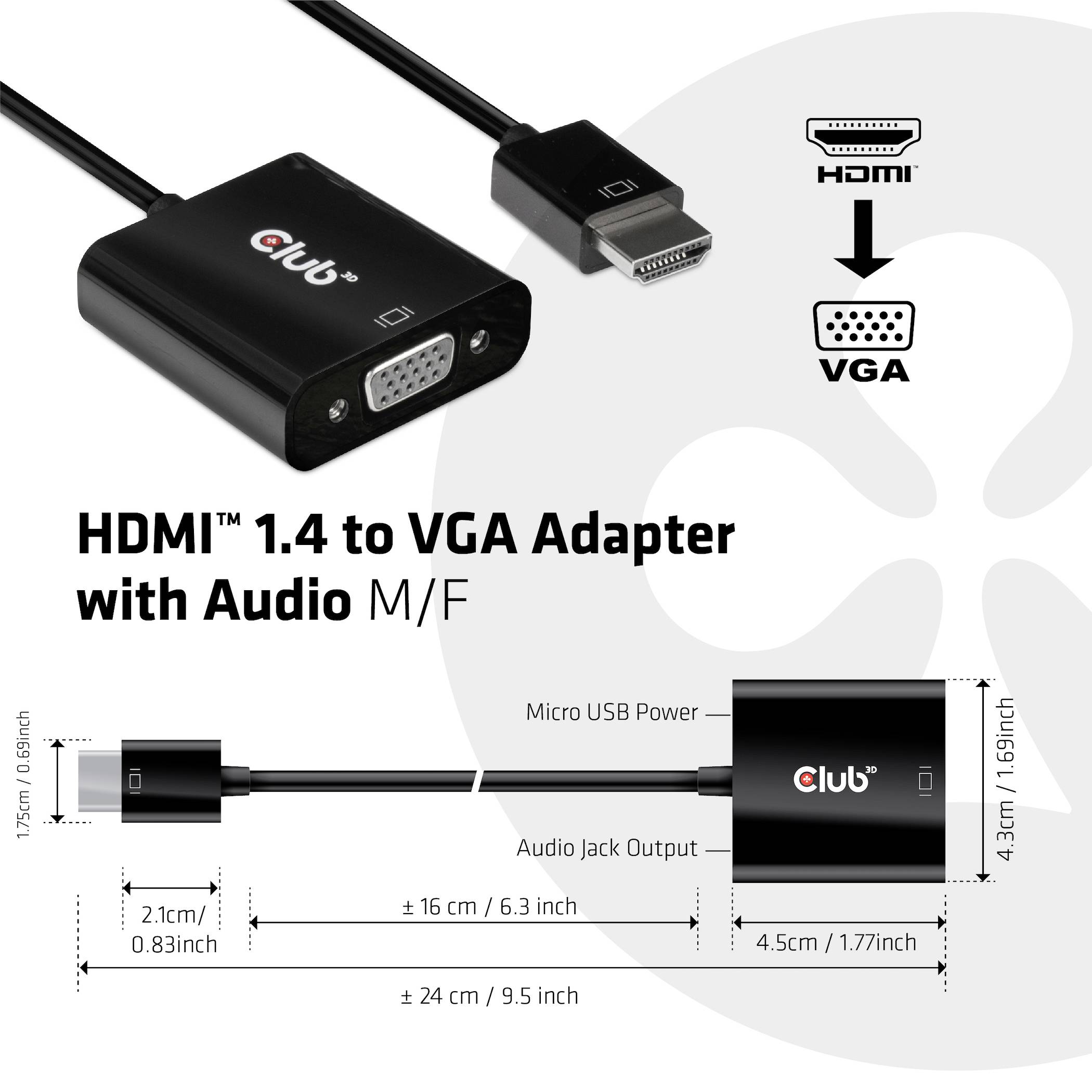 HDMI-na-VGA adapter s audiom, dimenzije: HDMI utikač 2,1 cm, kutija 7 cm, VGA utičnica 4,5 cm, audio priključak 6,3 cm, USB-mikro napajanje 1,5 cm.