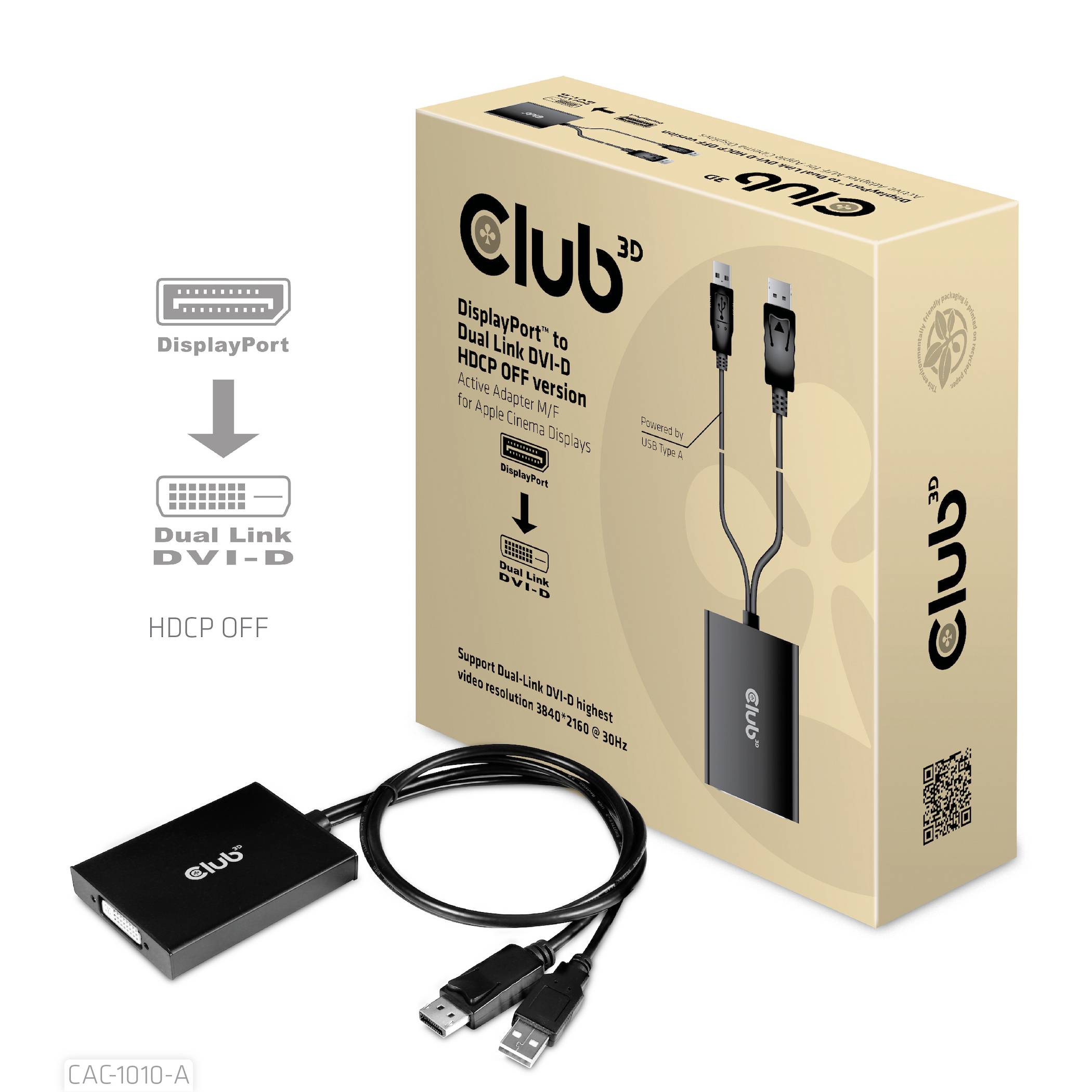 Klub 3D DisplayPort do Dual-Link DVI adapter, pogodan za Apple Cinema zaslone, s pakiranjem u pozadini.