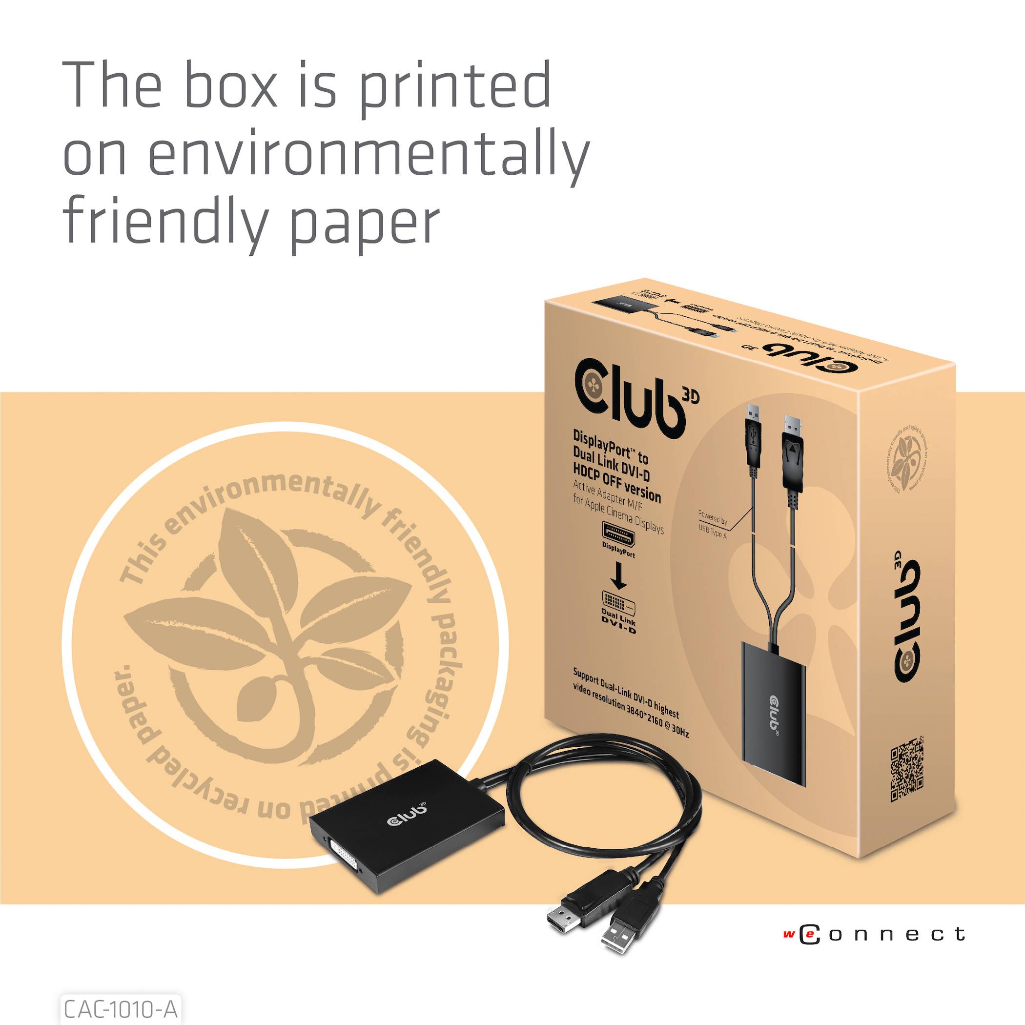 Ambalaža HDMI 2.0 razdjeljnika "Club 3D" izrađena je od ekološkog papira. Uređaj i kablove prikazuje pored kutije.