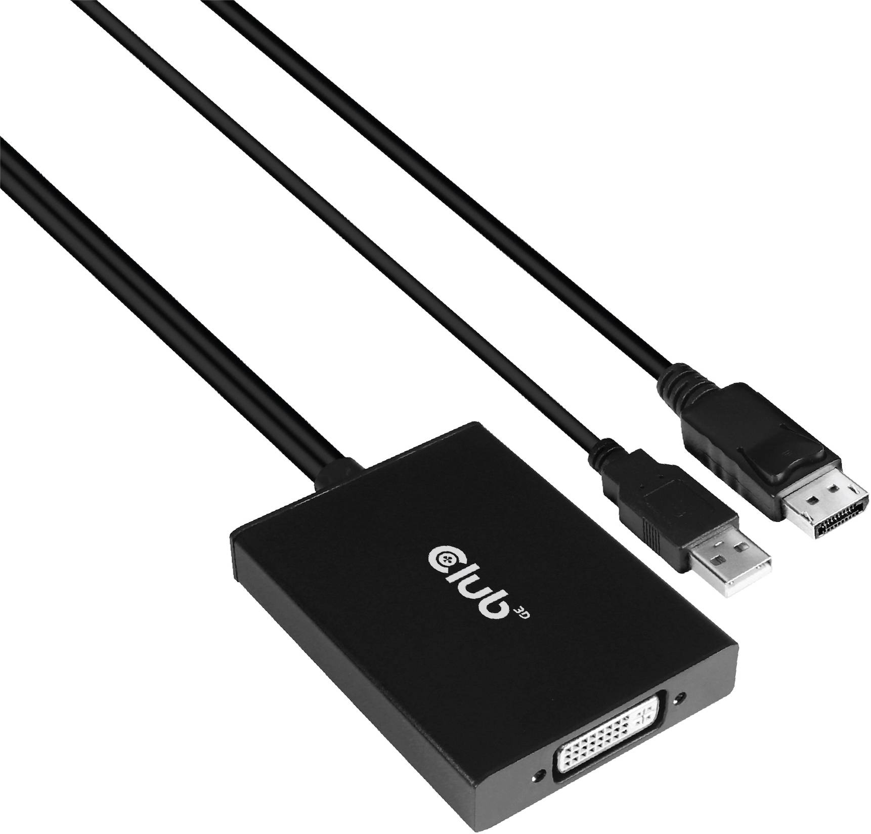 Crni adapter kabel s DVI-, USB- i HDMI priključcima. Označen oznakama 'eClub'.