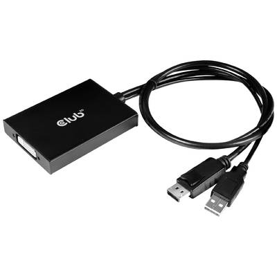 Adapter tvrtke 'Club 3D' s DVI, DisplayPort i USB priključcima, pogodan za spajanje monitora na računala ili prijenosna računala.