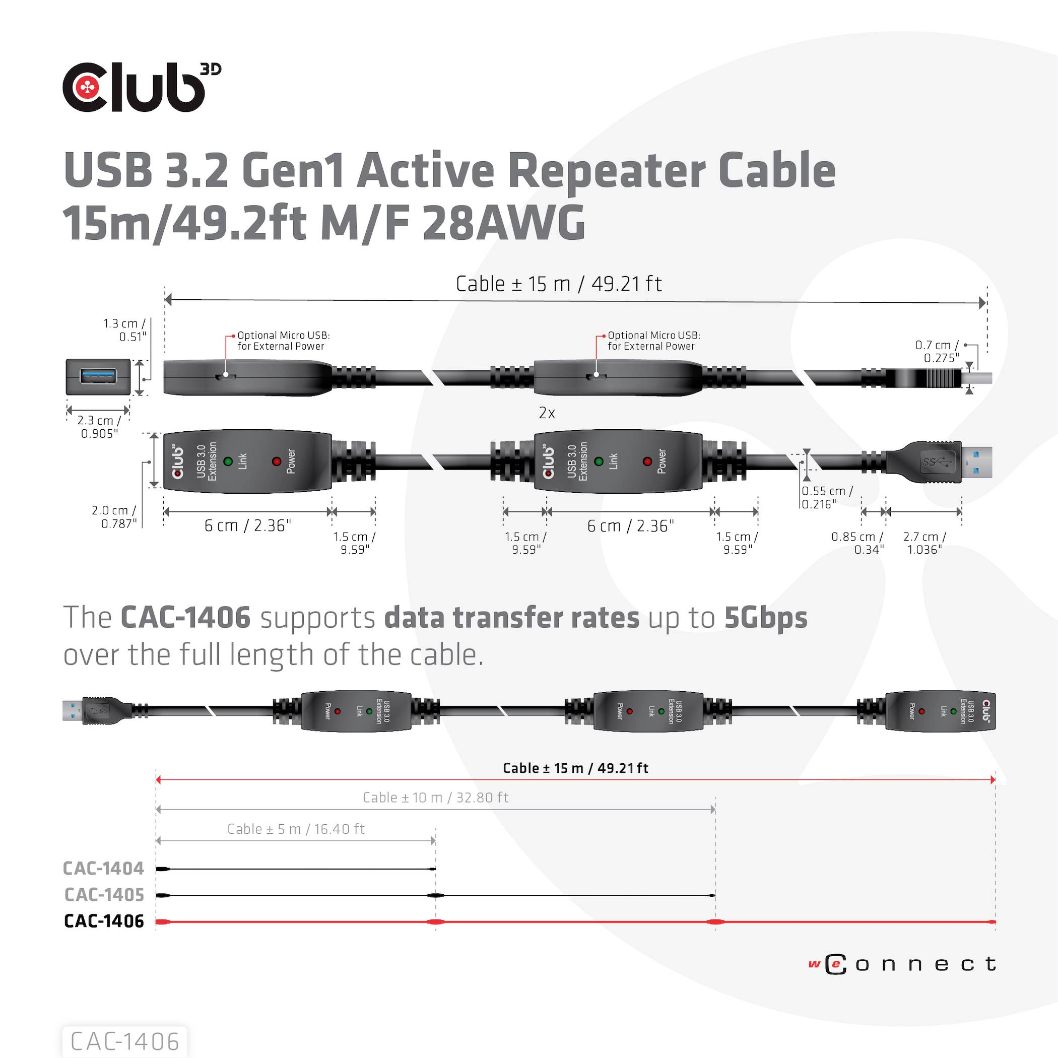 USB 3.2 Gen1 aktivni ponavljački kabel, 15m/49,2ft muški/ženski 28AWG. Prikaz kablovske veze s opcionalnim Micro-USB i USB-A priključcima. Maksimalna brzina prijenosa podataka do 5 Gbps za duljine do 15 m.