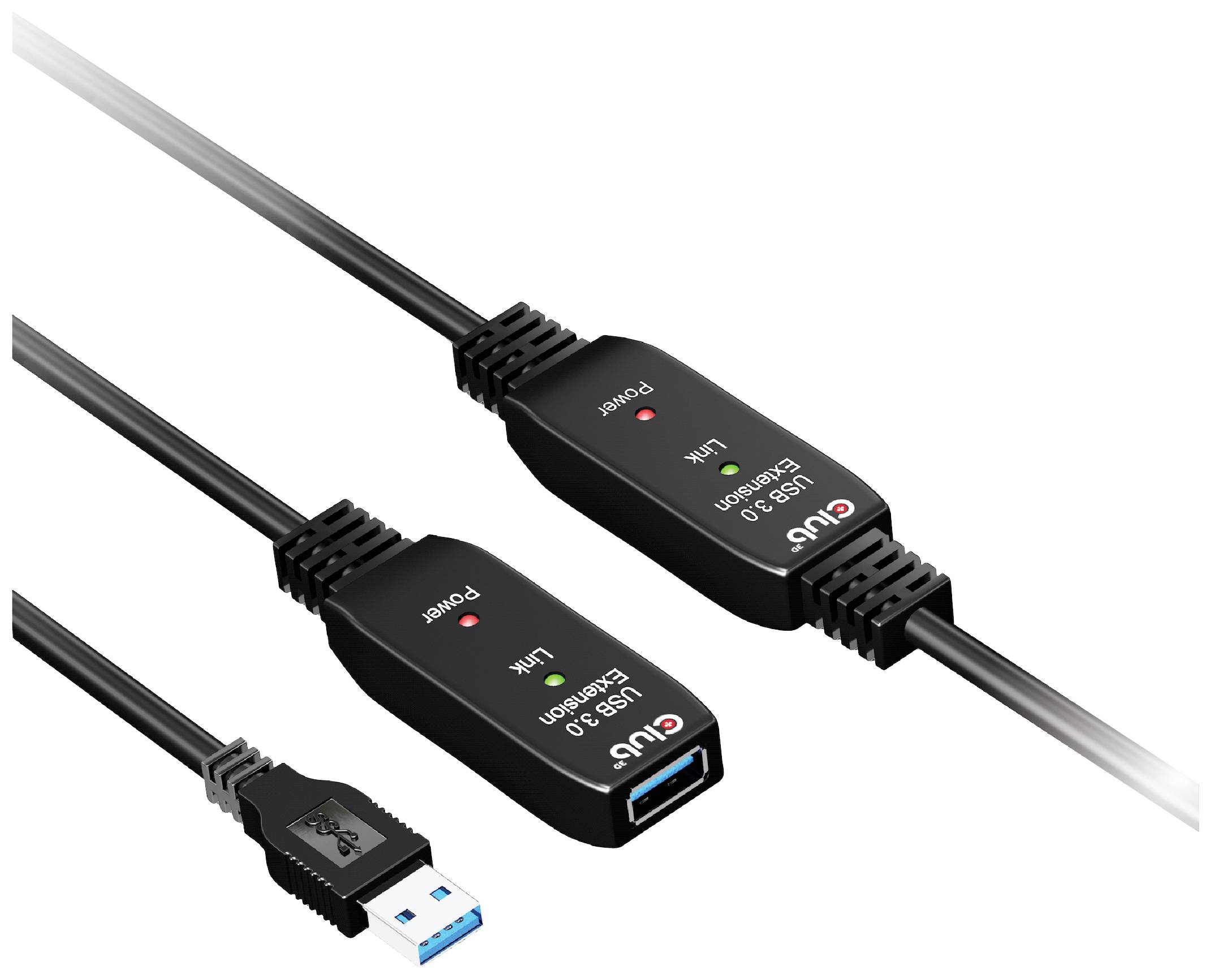 Dva USB 3.0 produžna kabela s utikačima, jedan s USB-A priključkom. Međuspojnik pokazuje 'Power' i 'Link' indikatore.