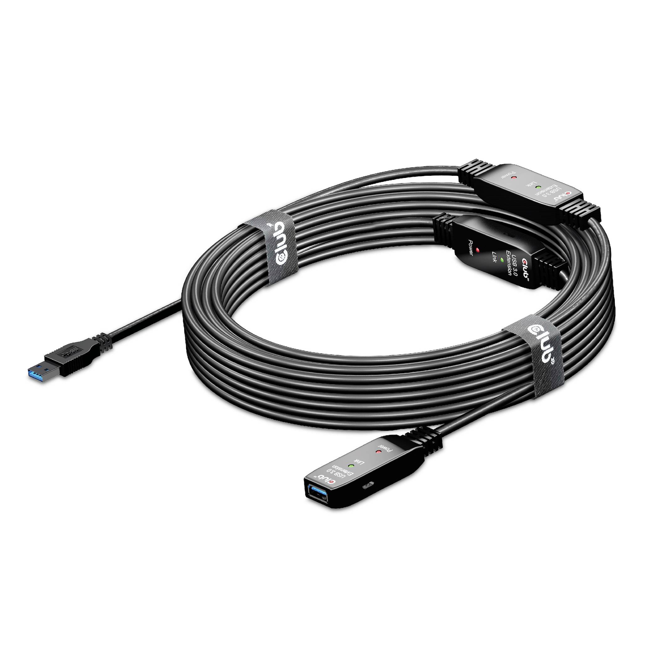 USB 3.2 produžni kabel s pojačalom, crni kabel s USB priključcima na oba kraja, pogodan za prijenos podataka.